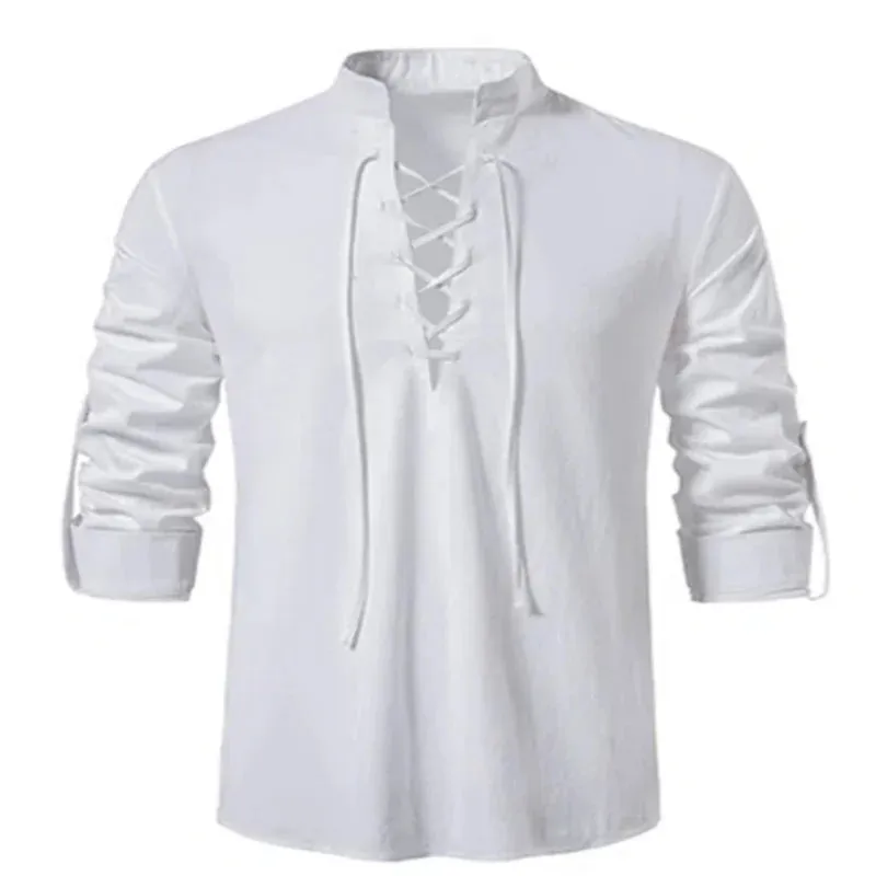 2022 New Men's V-neck shirt T-shirt Fashion Vintage Thin Long Sleeve Top men Casual Breathable  Front Lace Up man Shirts