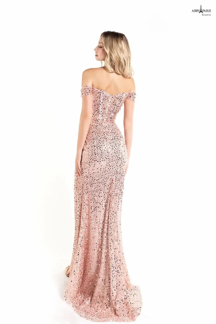 Abby Paris 90177 Off The Shoulder Embroidered Tulle Slit Sheer Corset Long Prom Dress