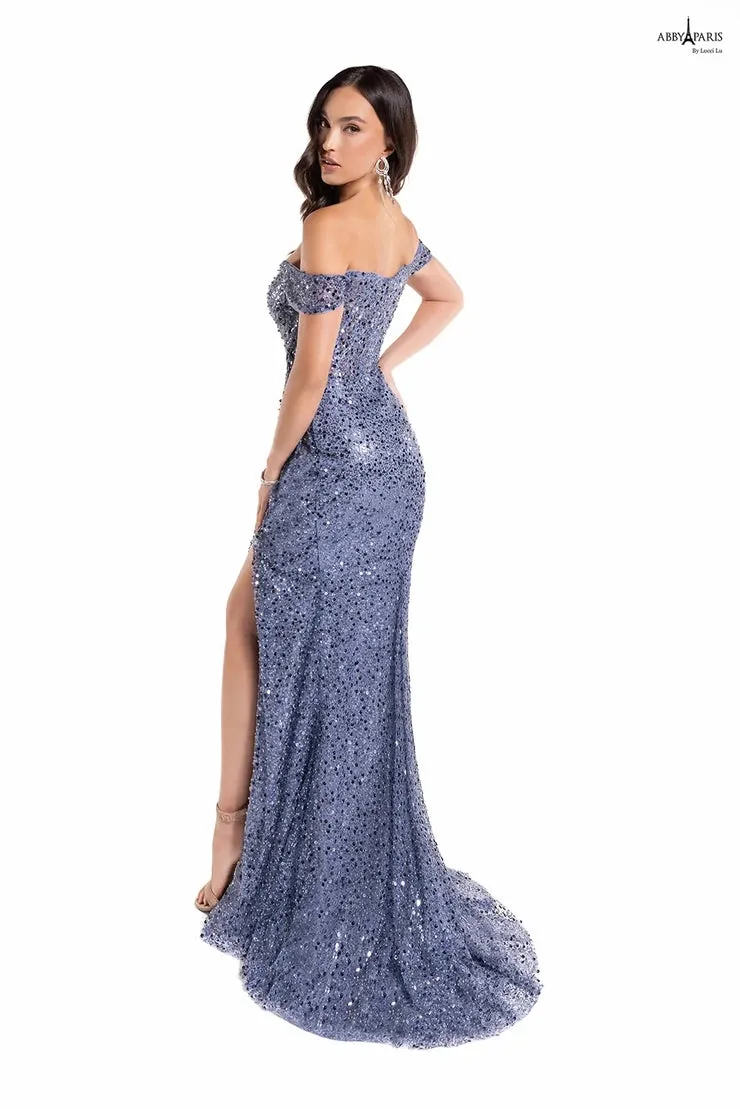Abby Paris 90177 Off The Shoulder Embroidered Tulle Slit Sheer Corset Long Prom Dress