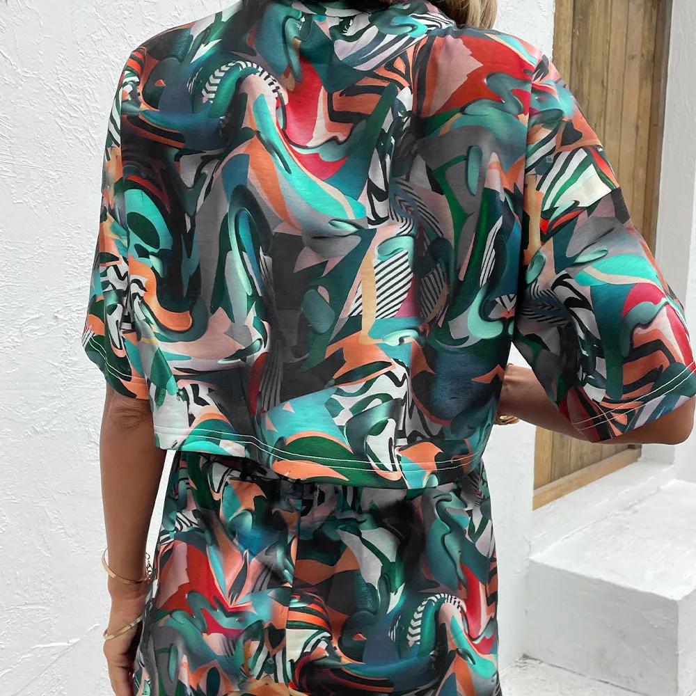 Abstract Graffiti Printed Round Neck Dropped Shoulder Half Sleeve Top and Shorts Set