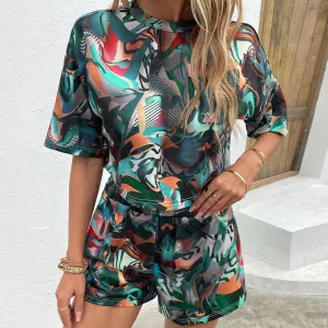 Abstract Graffiti Printed Round Neck Dropped Shoulder Half Sleeve Top and Shorts Set