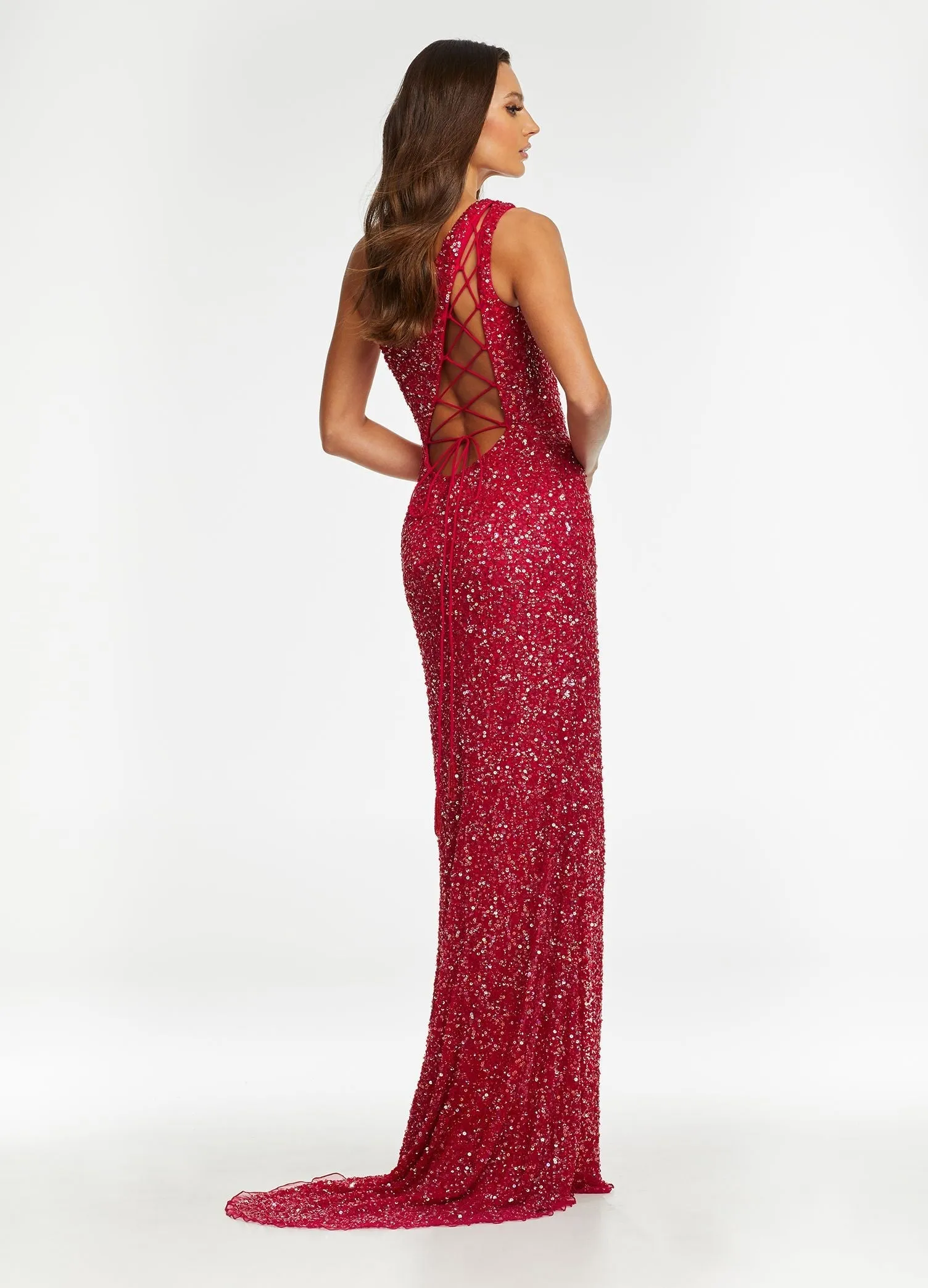 Ashley Lauren 11144 Size 8 AB Ivory Prom Dress Sequin One Shoulder with Lace up Back