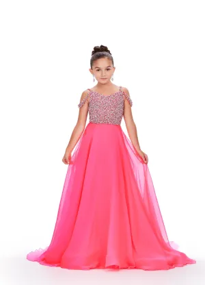 Ashley Lauren Kids 8220 Size 4 Hot Pink Beaded Bustier A-Line Off The Shoulder Sweetheart Neckline Chiffon Gown