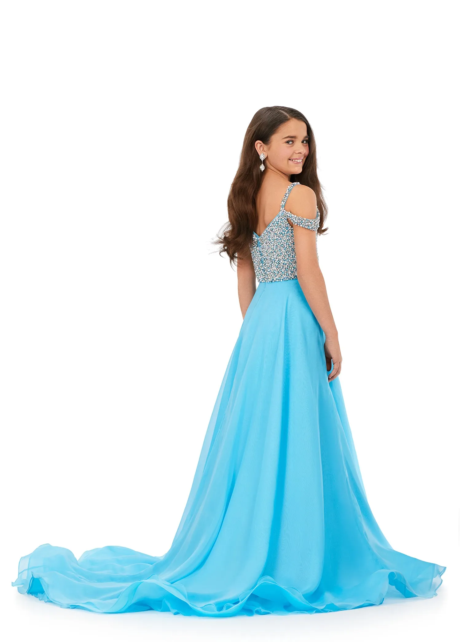 Ashley Lauren Kids 8220 Size 4 Hot Pink Beaded Bustier A-Line Off The Shoulder Sweetheart Neckline Chiffon Gown