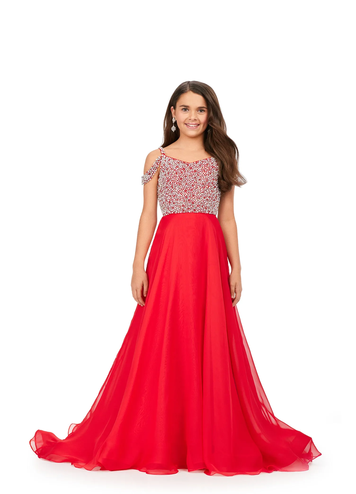 Ashley Lauren Kids 8220 Size 4 Hot Pink Beaded Bustier A-Line Off The Shoulder Sweetheart Neckline Chiffon Gown