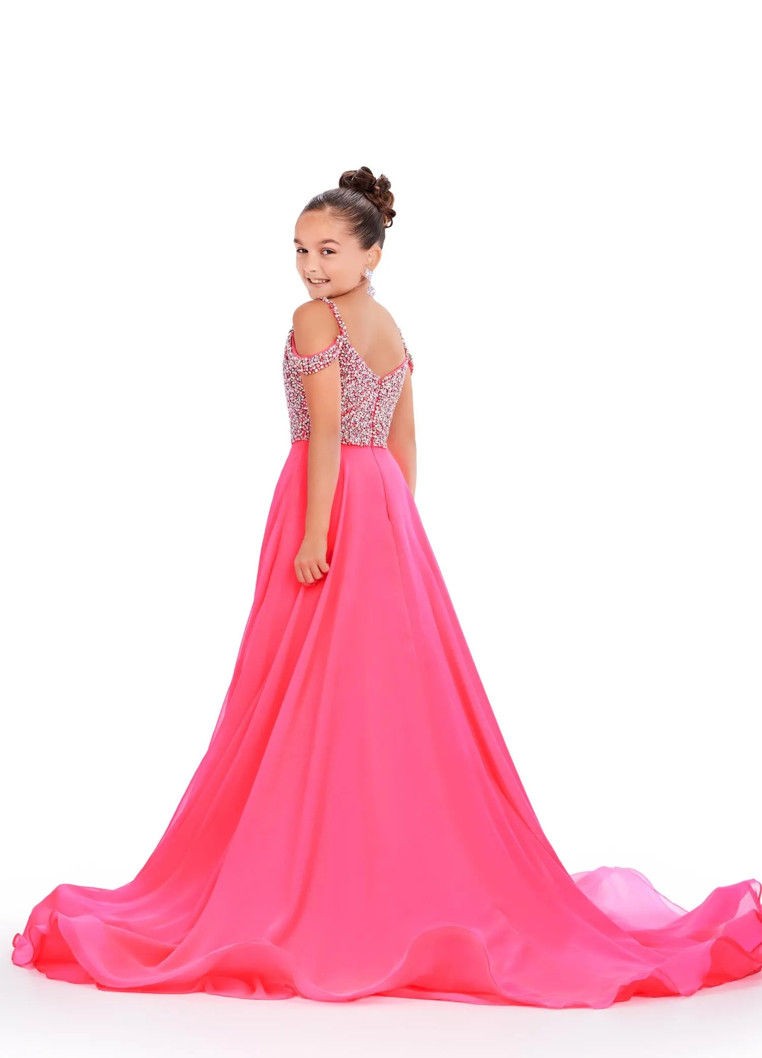 Ashley Lauren Kids 8220 Size 4 Hot Pink Beaded Bustier A-Line Off The Shoulder Sweetheart Neckline Chiffon Gown