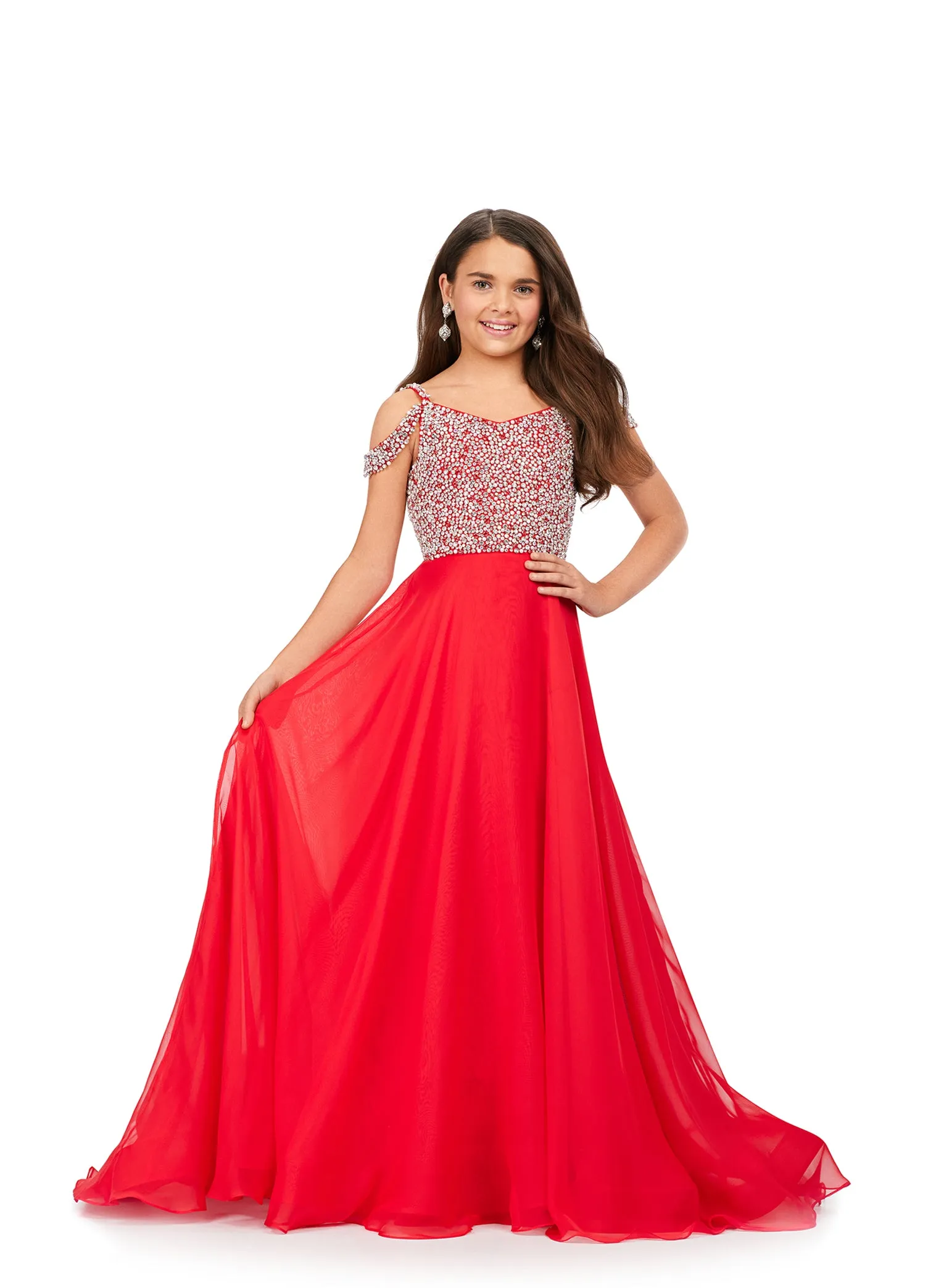 Ashley Lauren Kids 8220 Size 4 Hot Pink Beaded Bustier A-Line Off The Shoulder Sweetheart Neckline Chiffon Gown