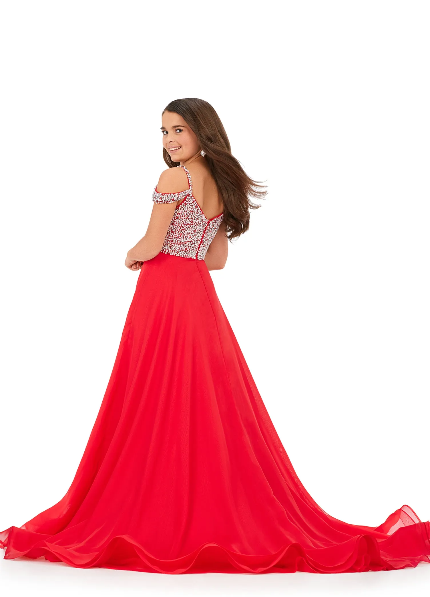 Ashley Lauren Kids 8220 Size 4 Hot Pink Beaded Bustier A-Line Off The Shoulder Sweetheart Neckline Chiffon Gown