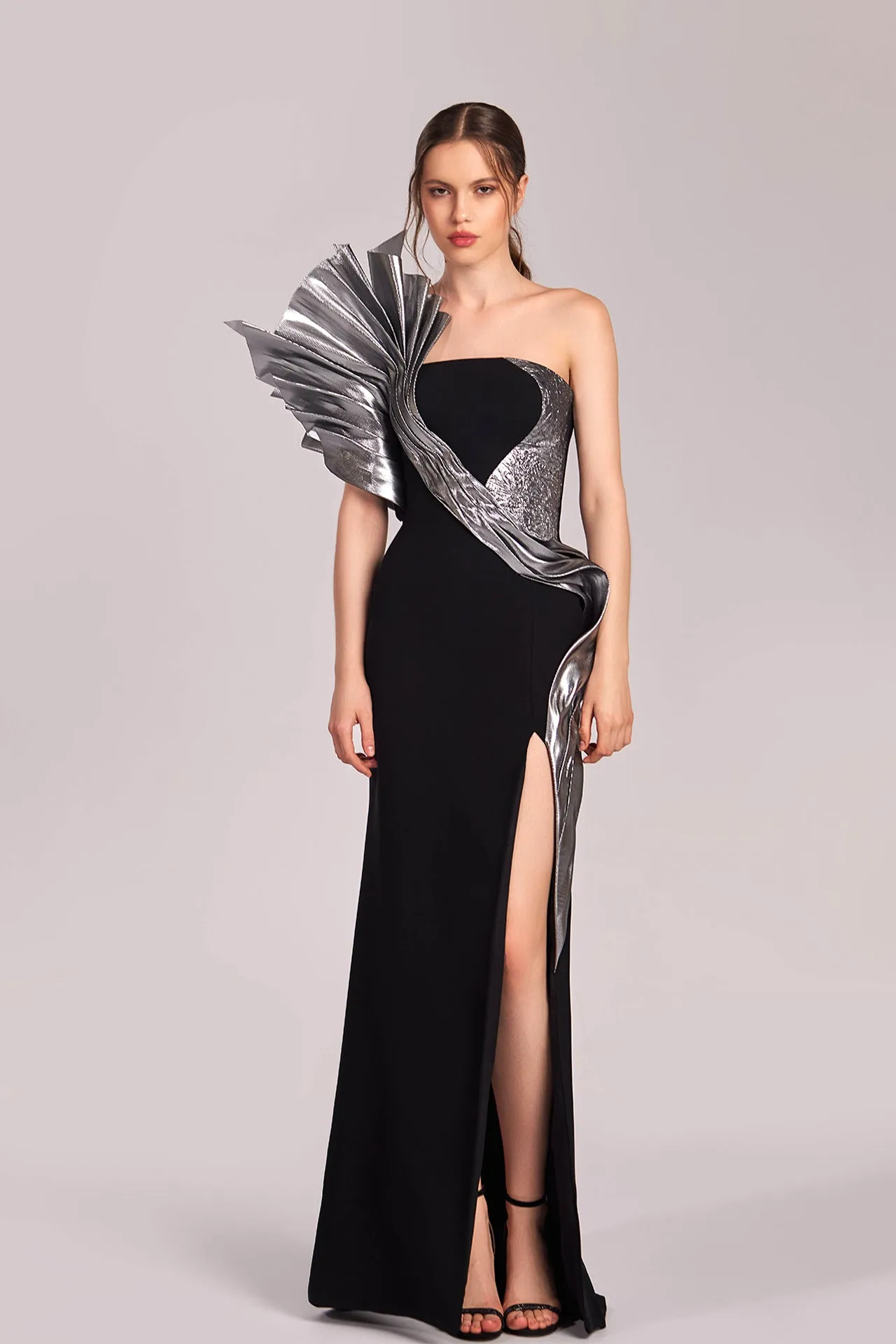 Asymmetrical Dress with Metallic Accent and High Slit