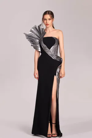 Asymmetrical Dress with Metallic Accent and High Slit