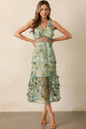 Back In Bloom Green Floral Embroidered Midi Dress