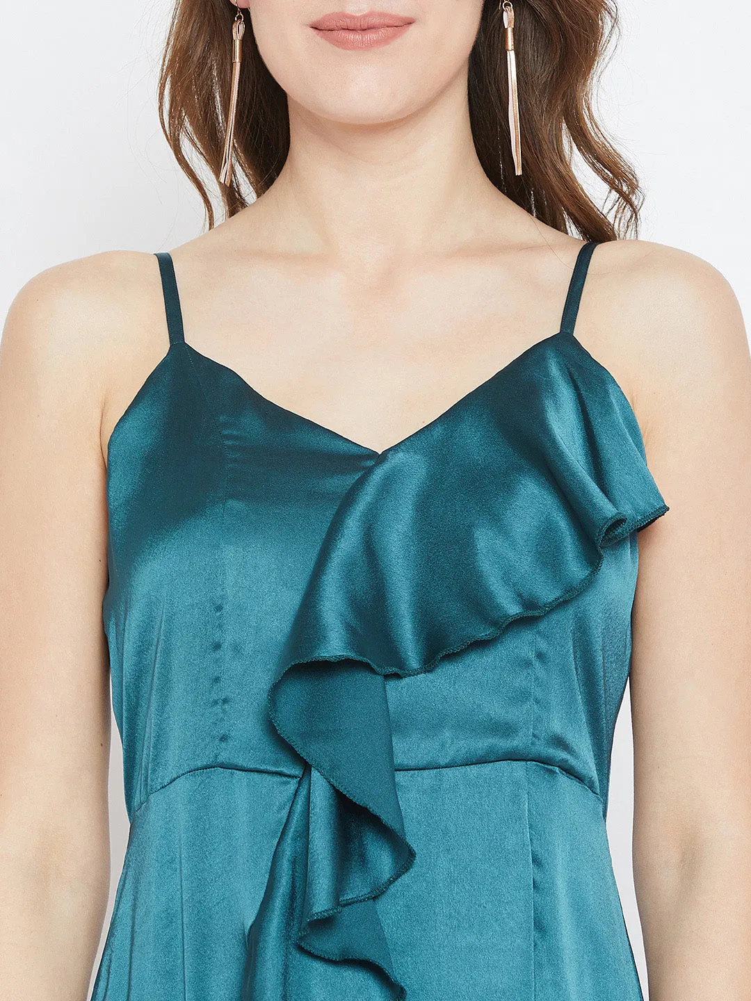 Berrylush Women Solid Teal Blue V-Neck Satin Thigh-High Slit Ruffled Maxi Dress
