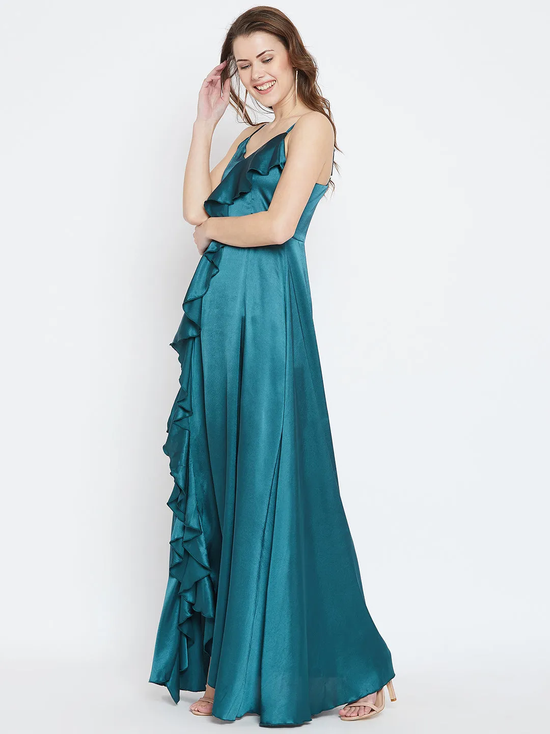 Berrylush Women Solid Teal Blue V-Neck Satin Thigh-High Slit Ruffled Maxi Dress