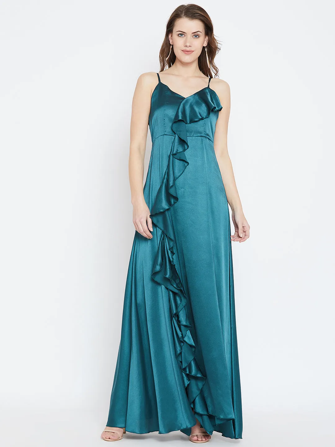 Berrylush Women Solid Teal Blue V-Neck Satin Thigh-High Slit Ruffled Maxi Dress