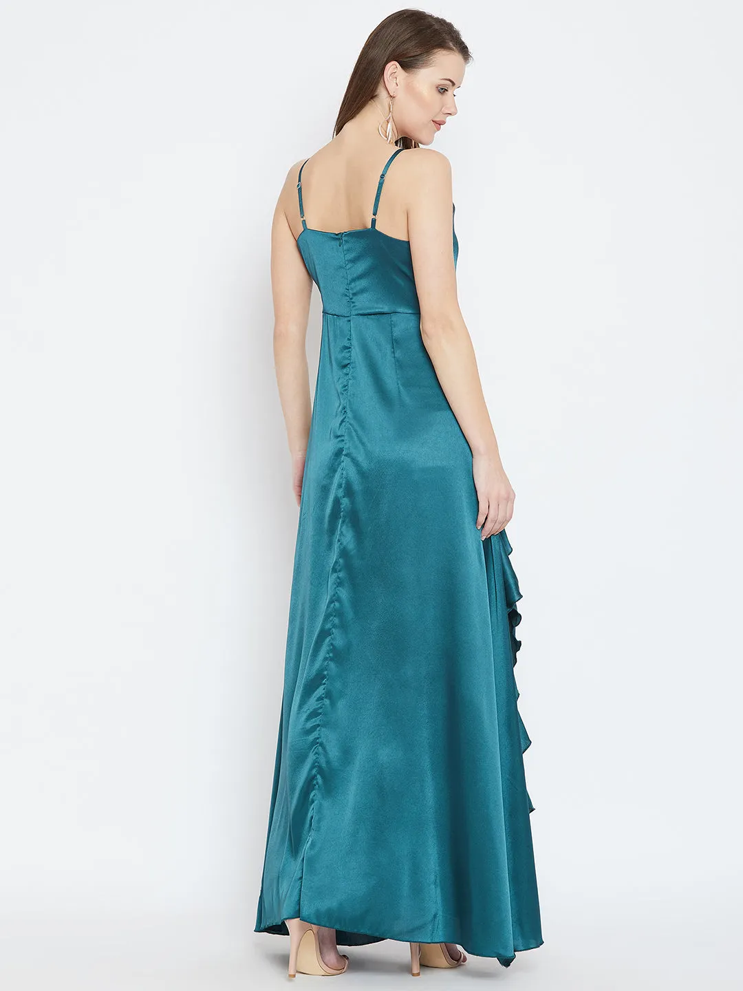 Berrylush Women Solid Teal Blue V-Neck Satin Thigh-High Slit Ruffled Maxi Dress