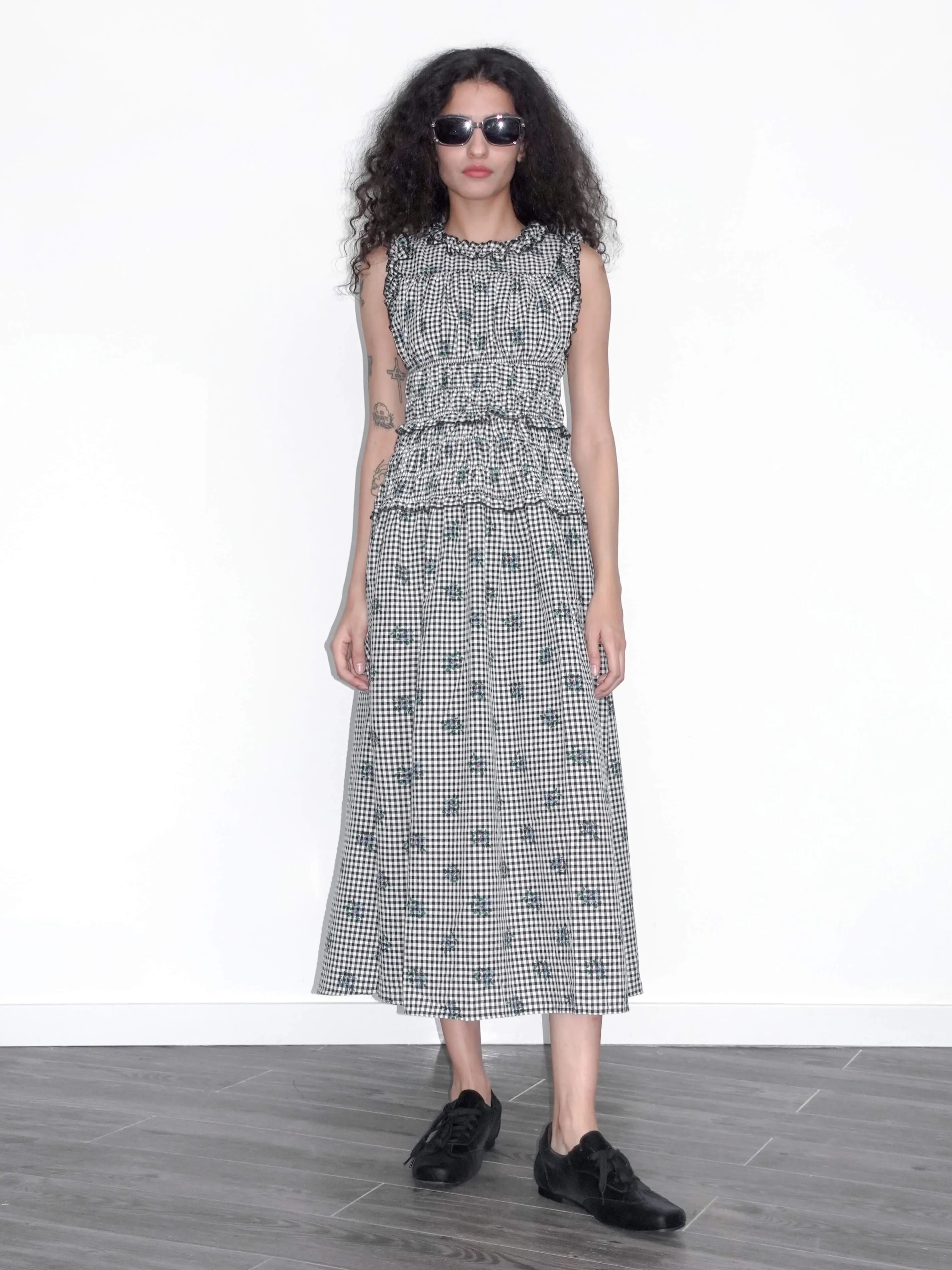 Black and White Check Floral Sleeveless Dress