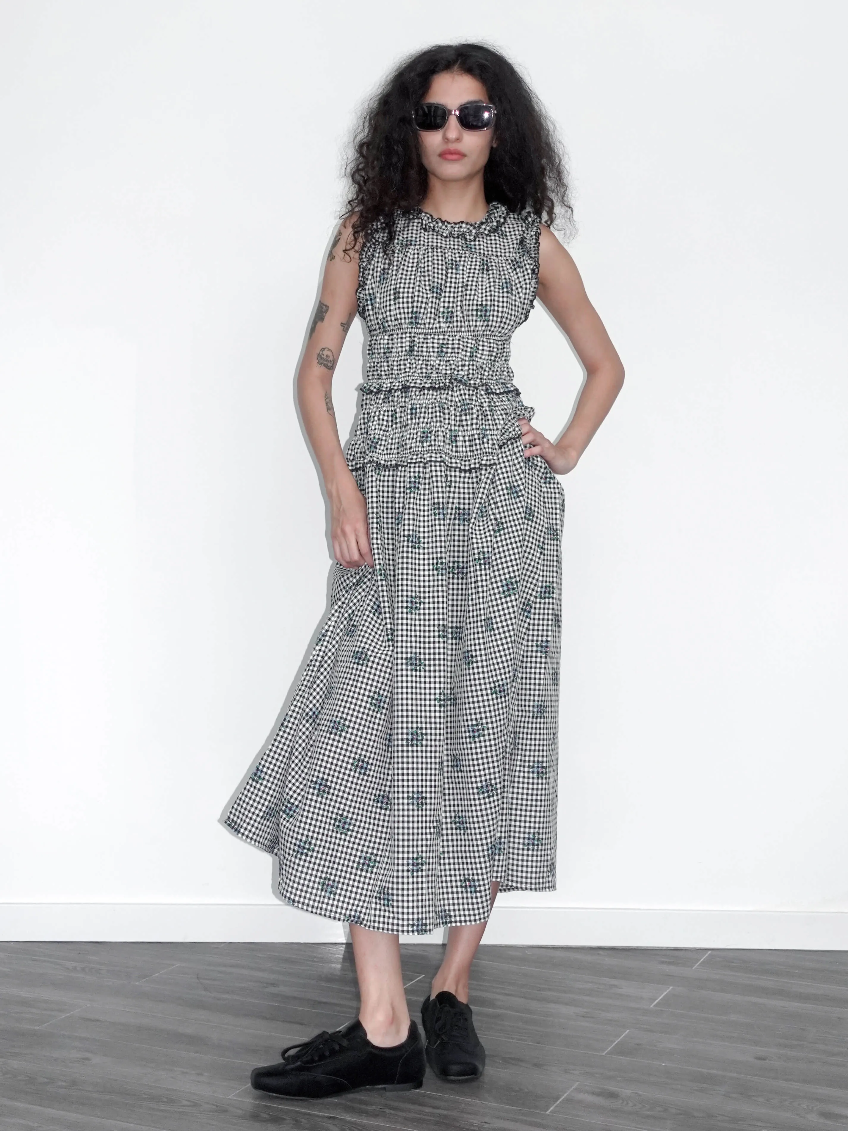 Black and White Check Floral Sleeveless Dress