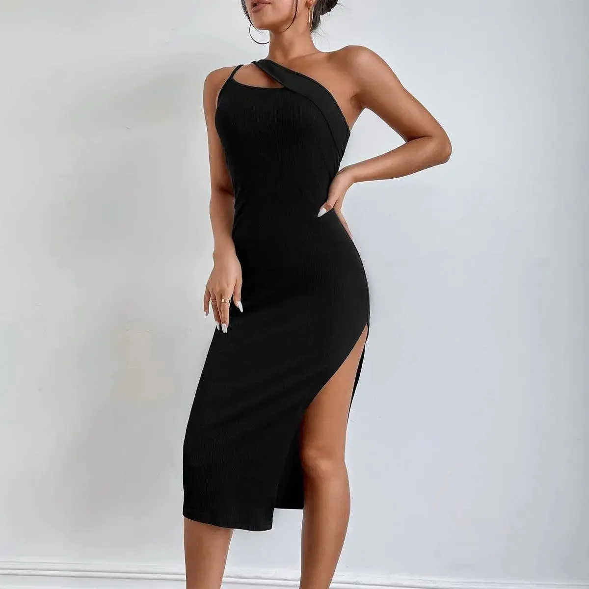 Black Slit Shoulder Back Dress