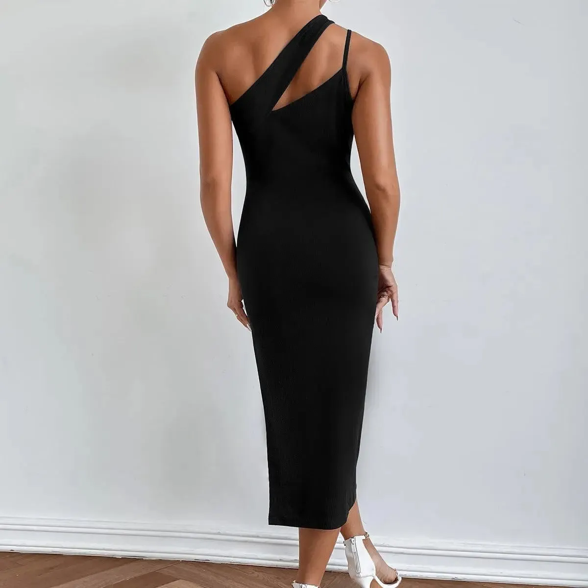 Black Slit Shoulder Back Dress