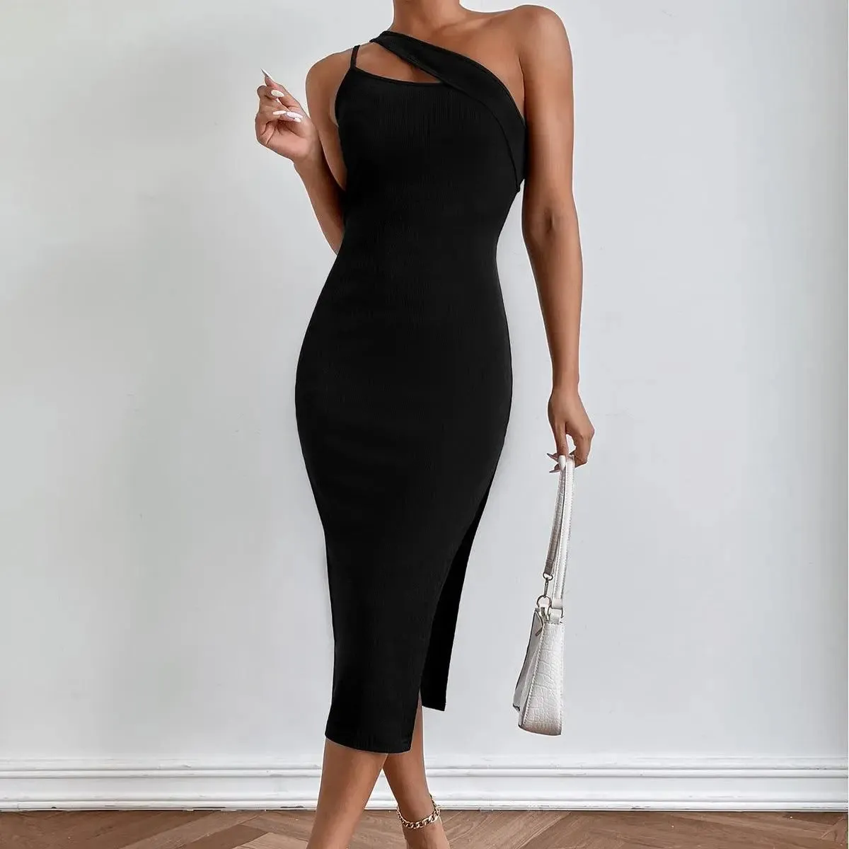 Black Slit Shoulder Back Dress
