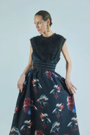 Corseted Print Flare Skirt Black