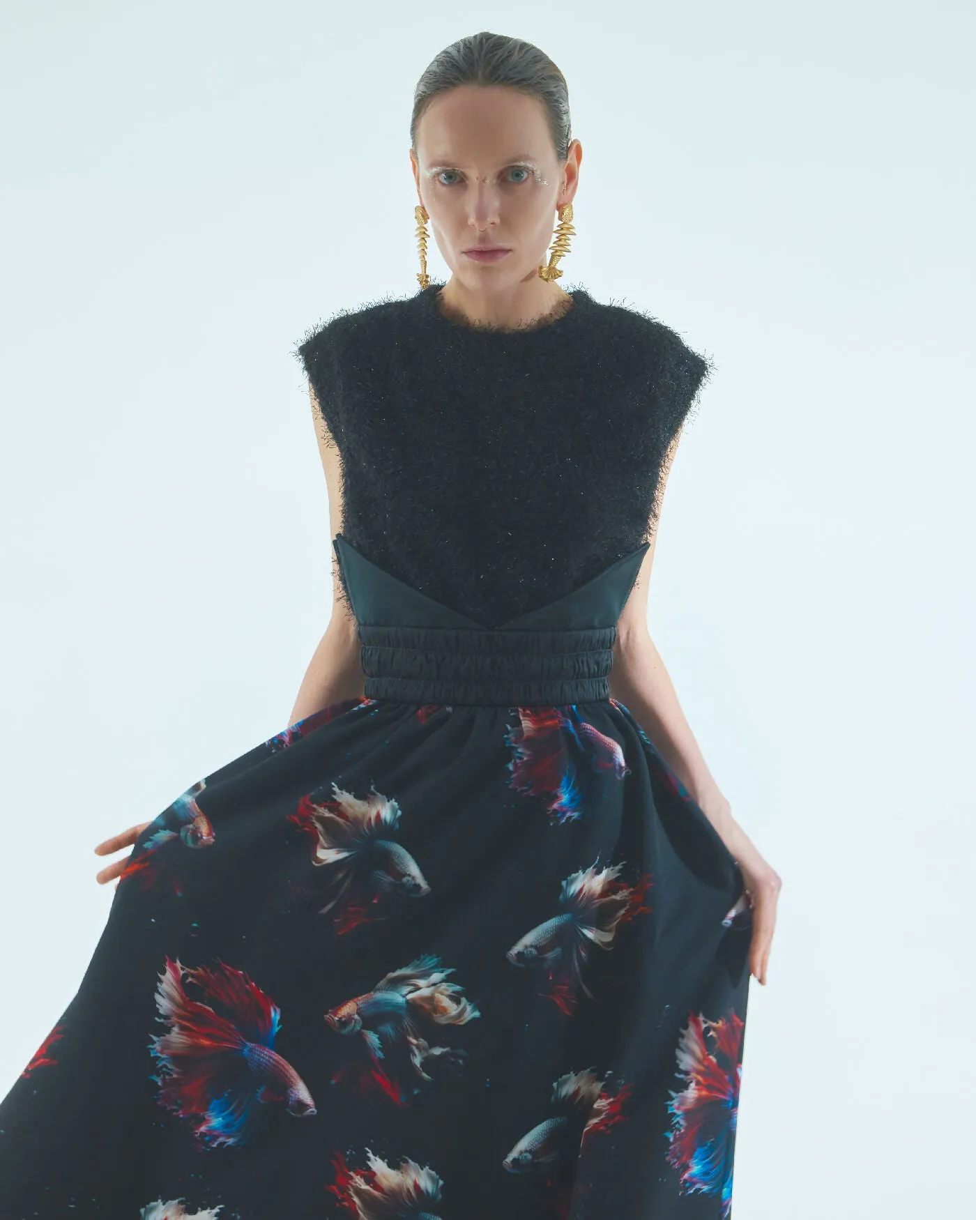 Corseted Print Flare Skirt Black