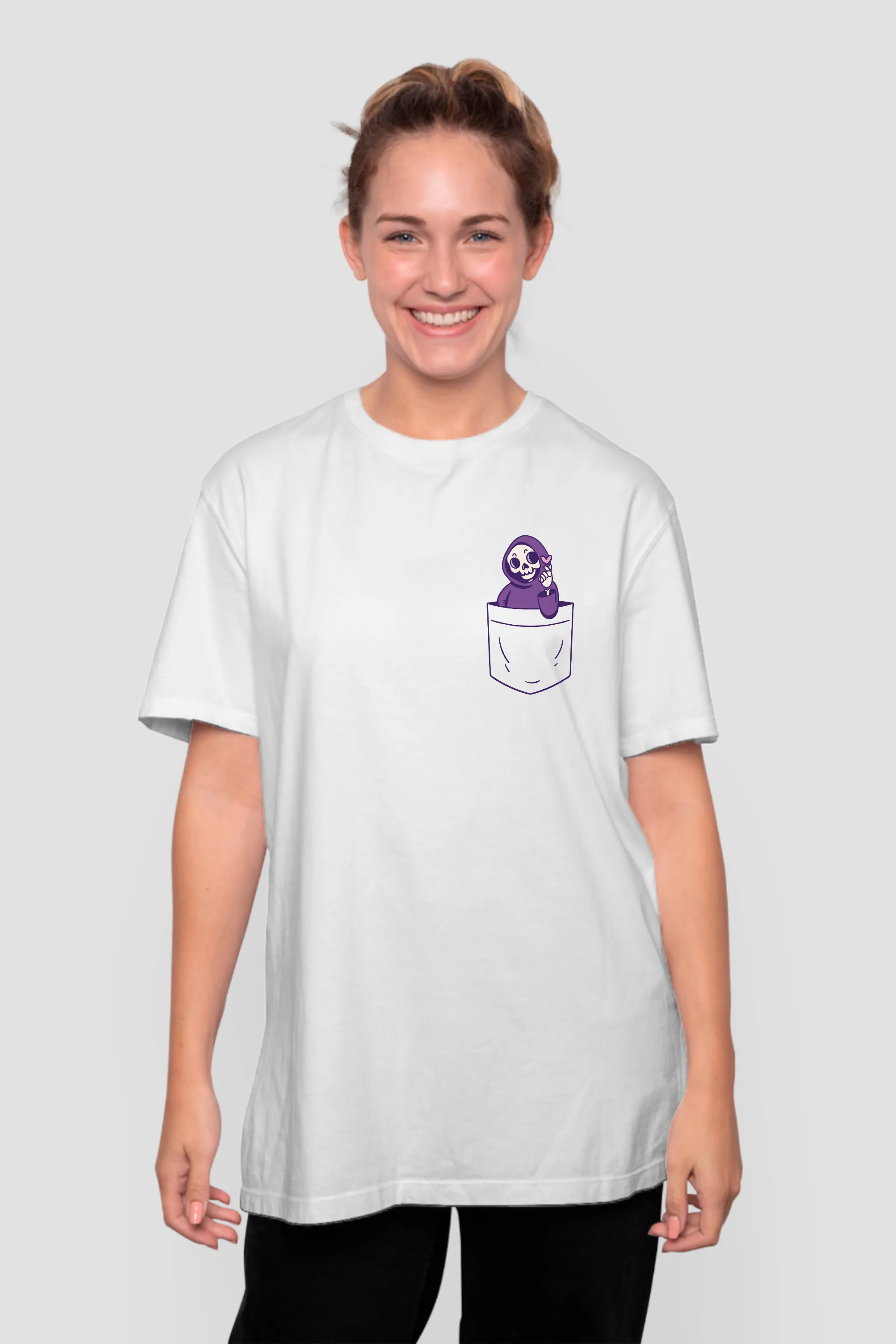 Cute Pocket Grim Reaper Printed Oversized T-shirt for women