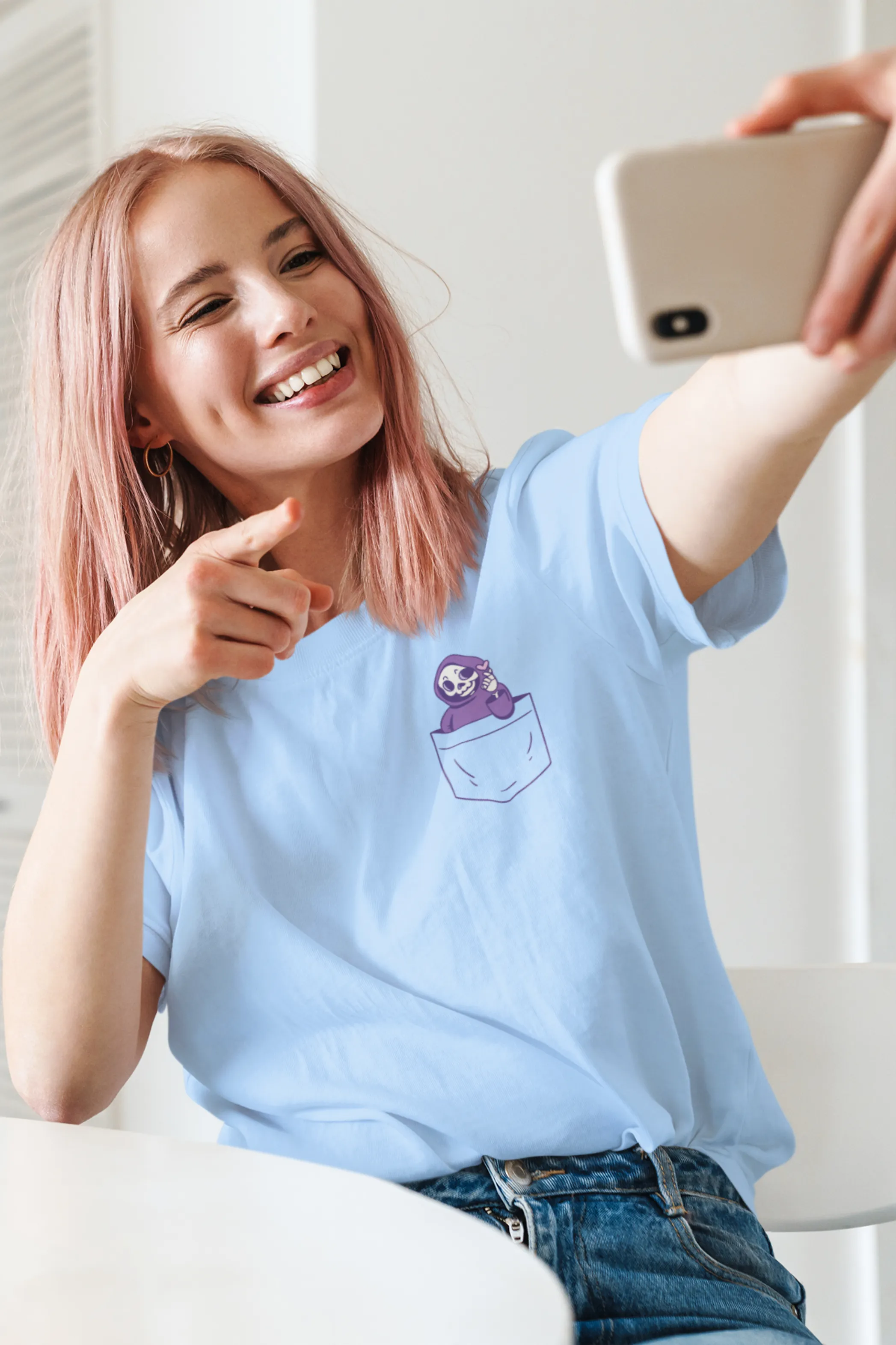 Cute Pocket Grim Reaper Printed Oversized T-shirt for women