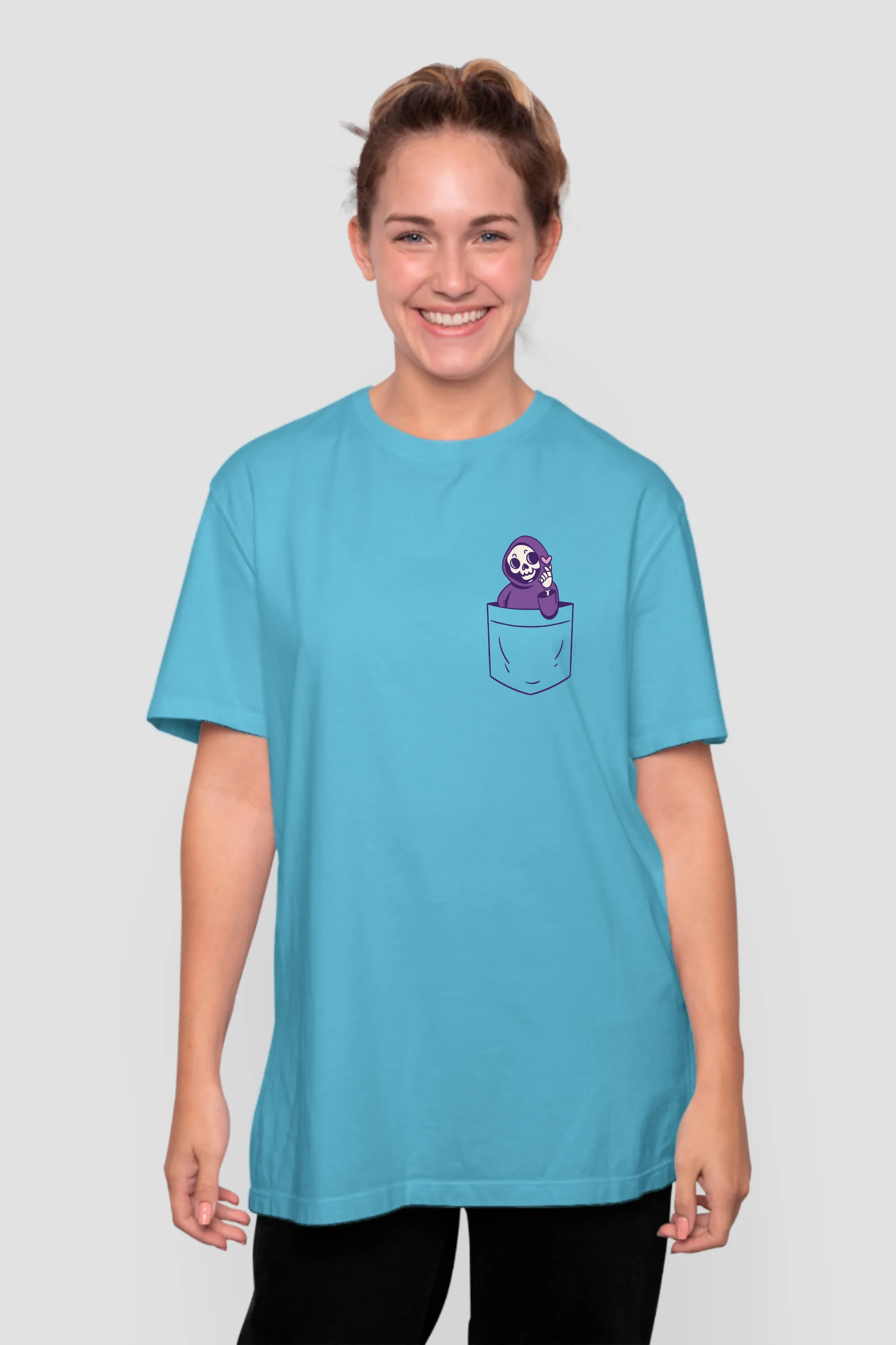 Cute Pocket Grim Reaper Printed Oversized T-shirt for women