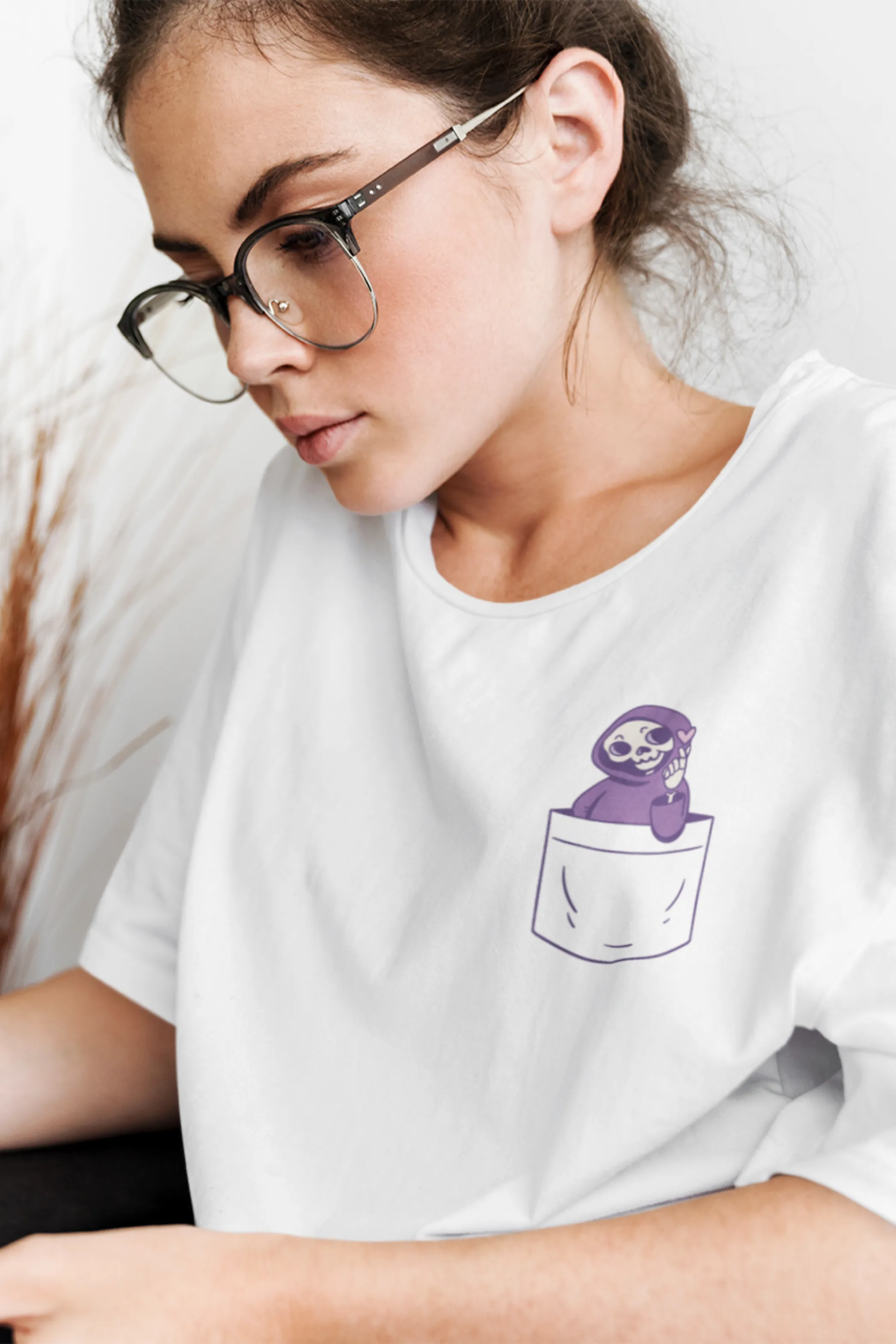 Cute Pocket Grim Reaper Printed Oversized T-shirt for women