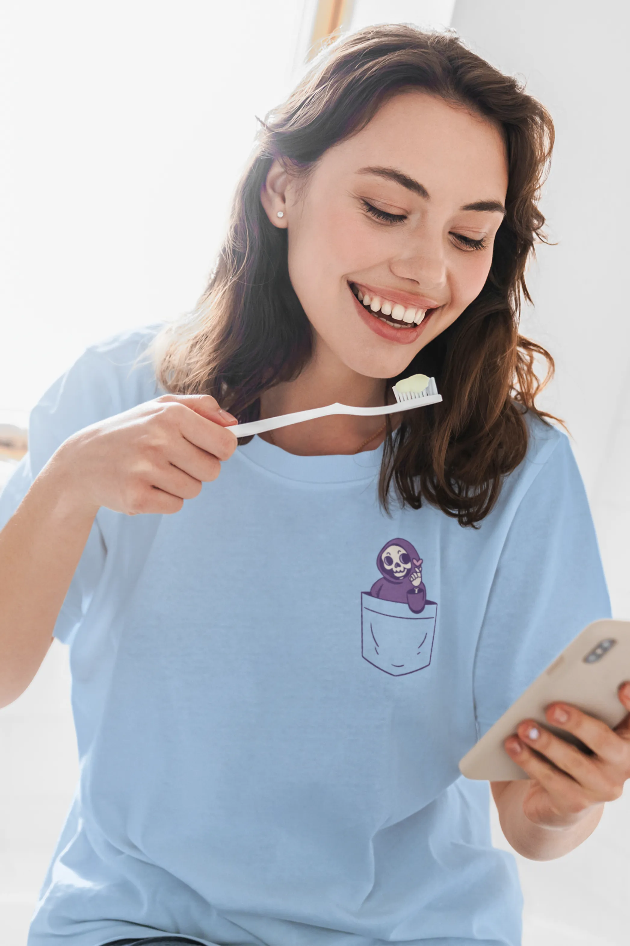 Cute Pocket Grim Reaper Printed Oversized T-shirt for women