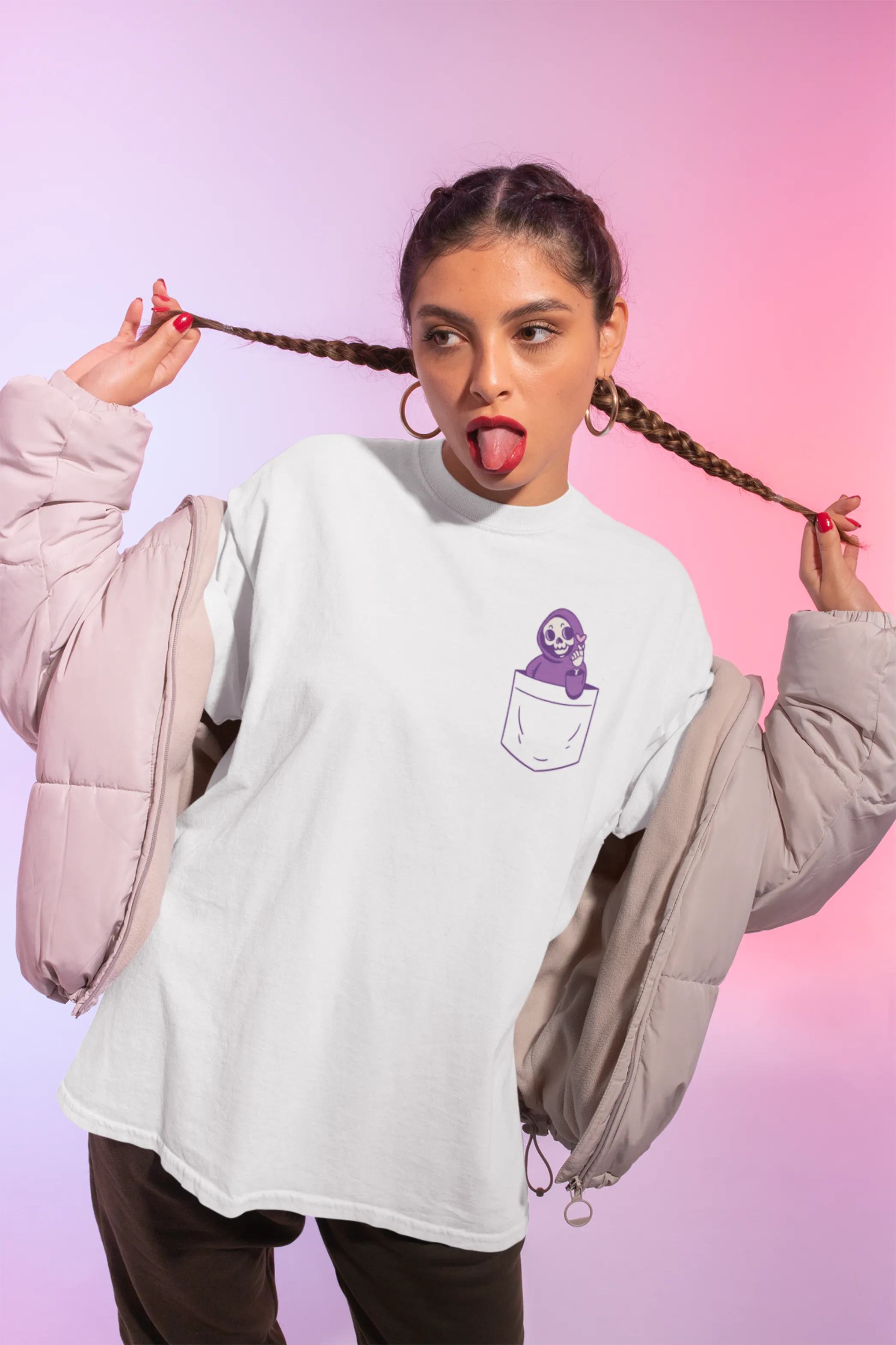 Cute Pocket Grim Reaper Printed Oversized T-shirt for women
