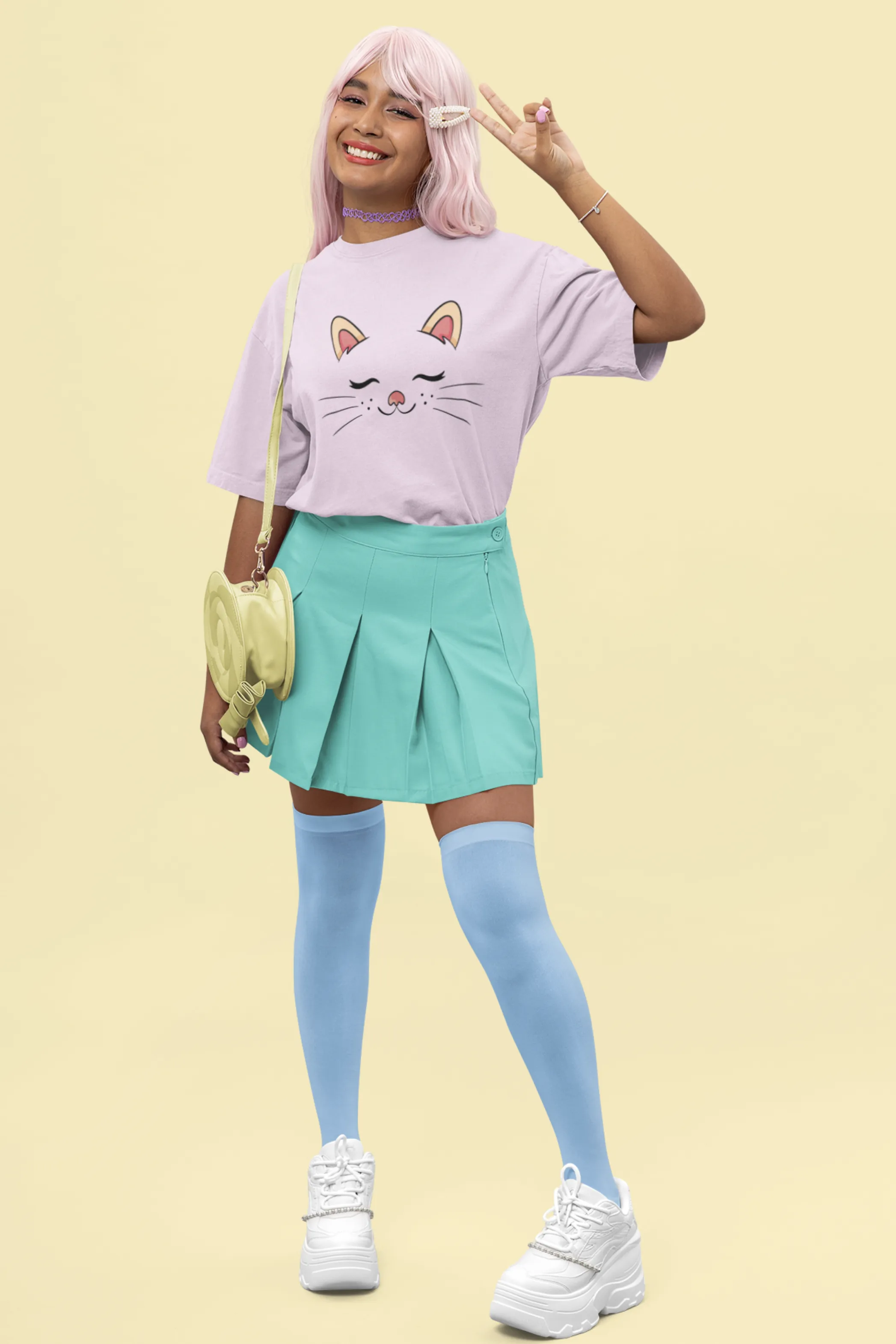 Cute Sleeping Cat Printed Oversized T-shirt for women