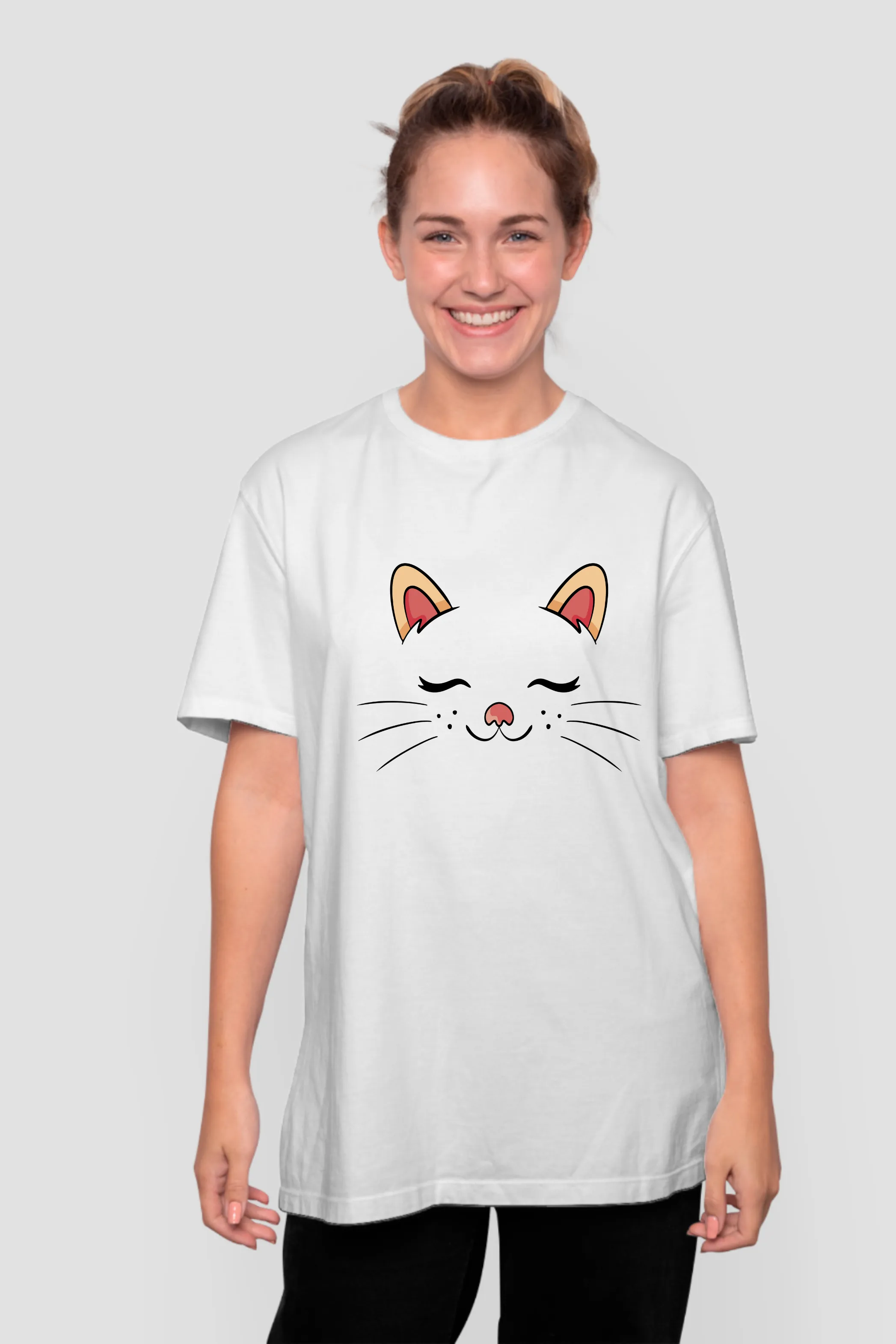 Cute Sleeping Cat Printed Oversized T-shirt for women