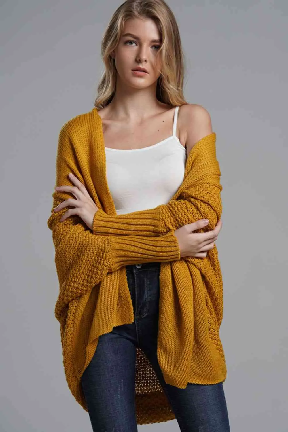 Dolman Sleeve Open Front Ribbed Trim Longline Cardigan