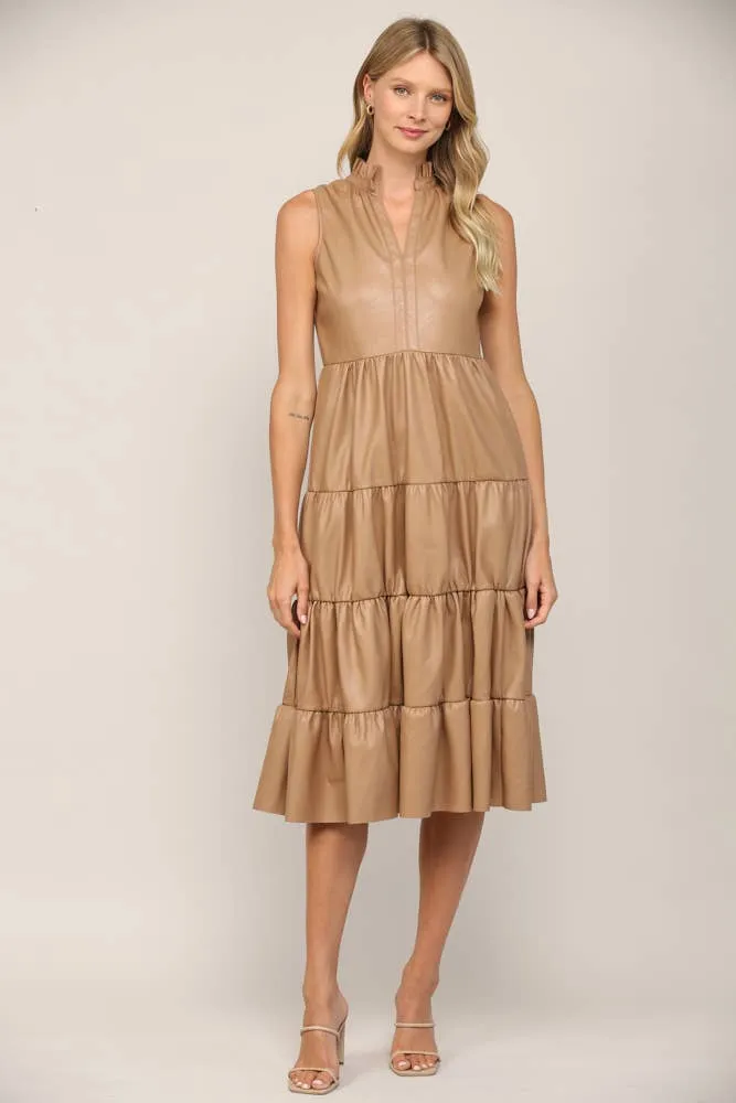 FAUX LEATHER TIERRED SLEEVELESS MIDI DRESS