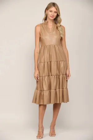 FAUX LEATHER TIERRED SLEEVELESS MIDI DRESS