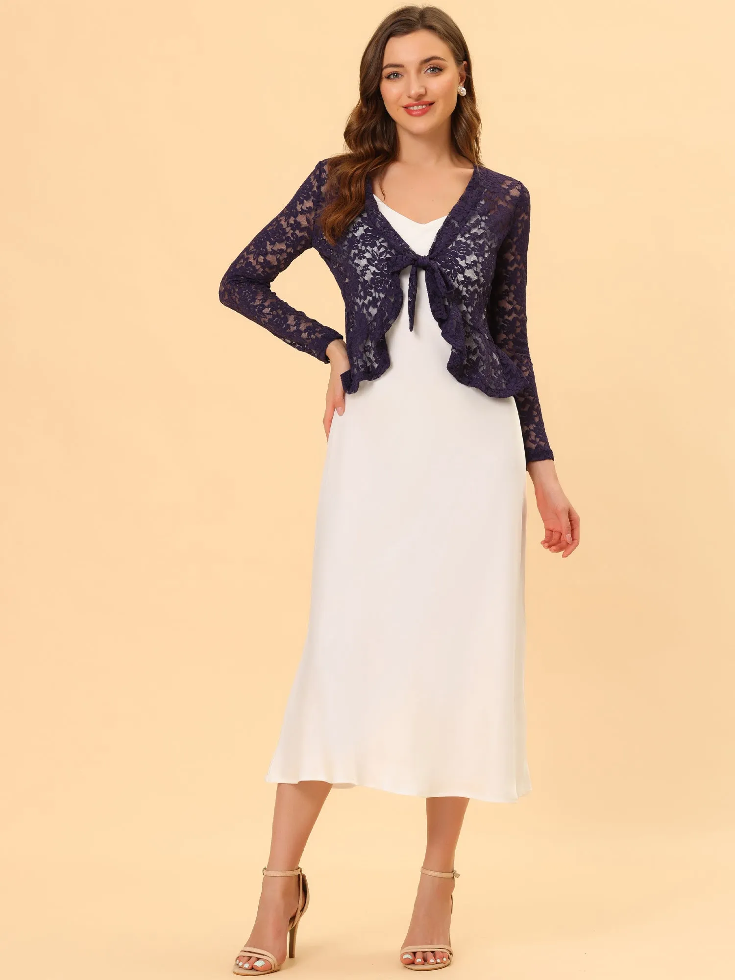 Floral Lace Tie Front Ruffled Hem Sheer Crop Bolero Shrug