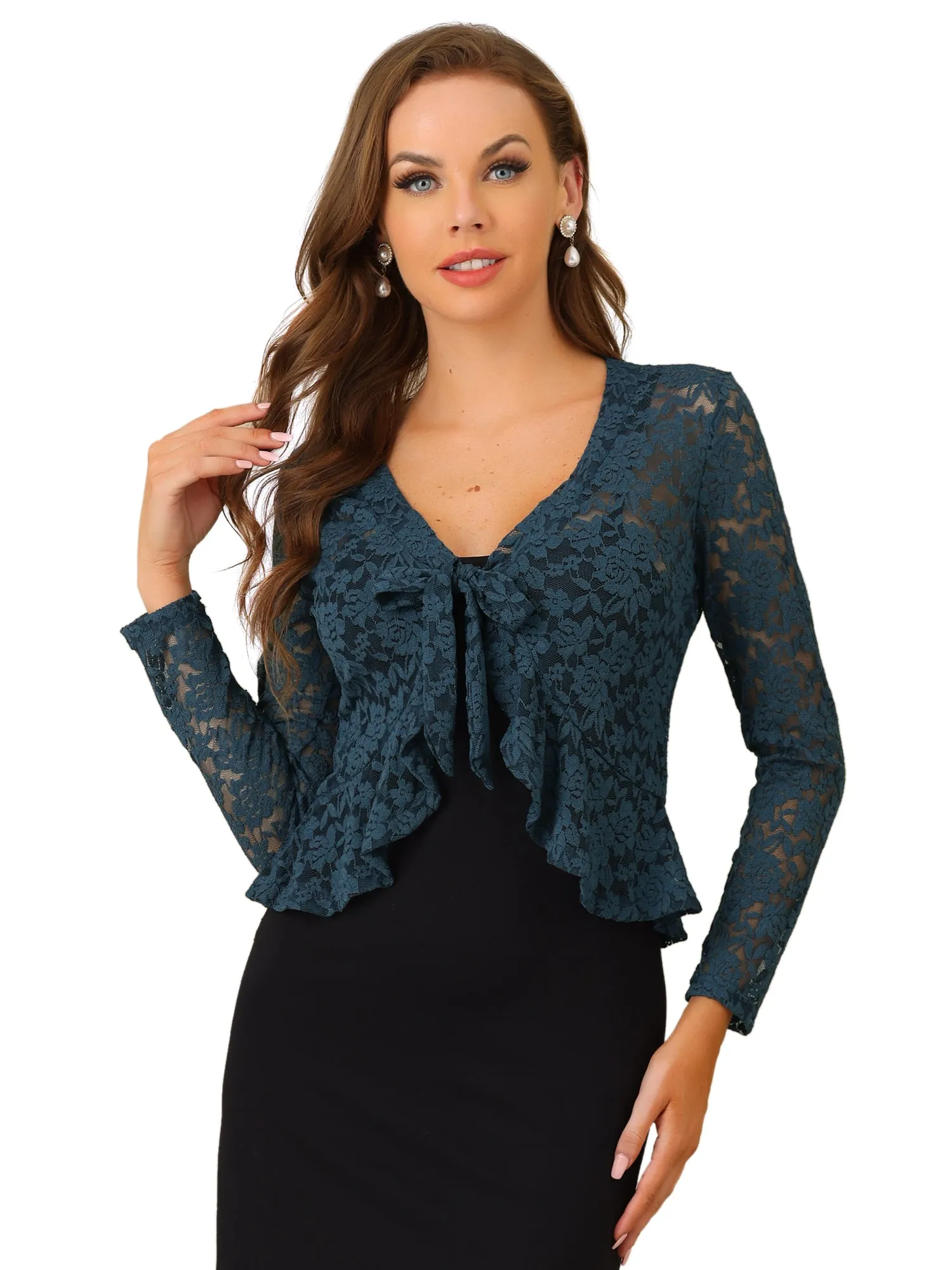 Floral Lace Tie Front Ruffled Hem Sheer Crop Bolero Shrug