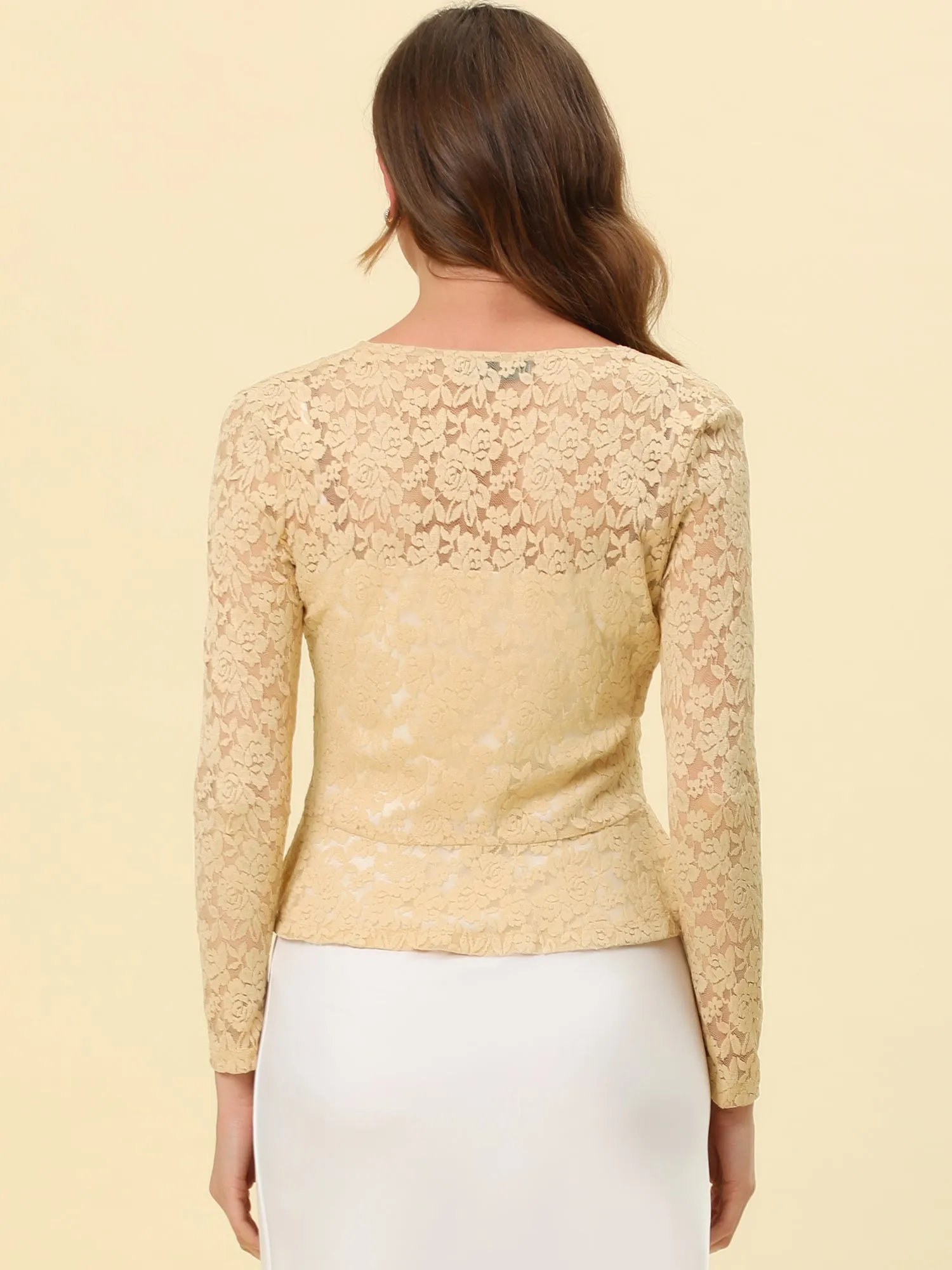 Floral Lace Tie Front Ruffled Hem Sheer Crop Bolero Shrug