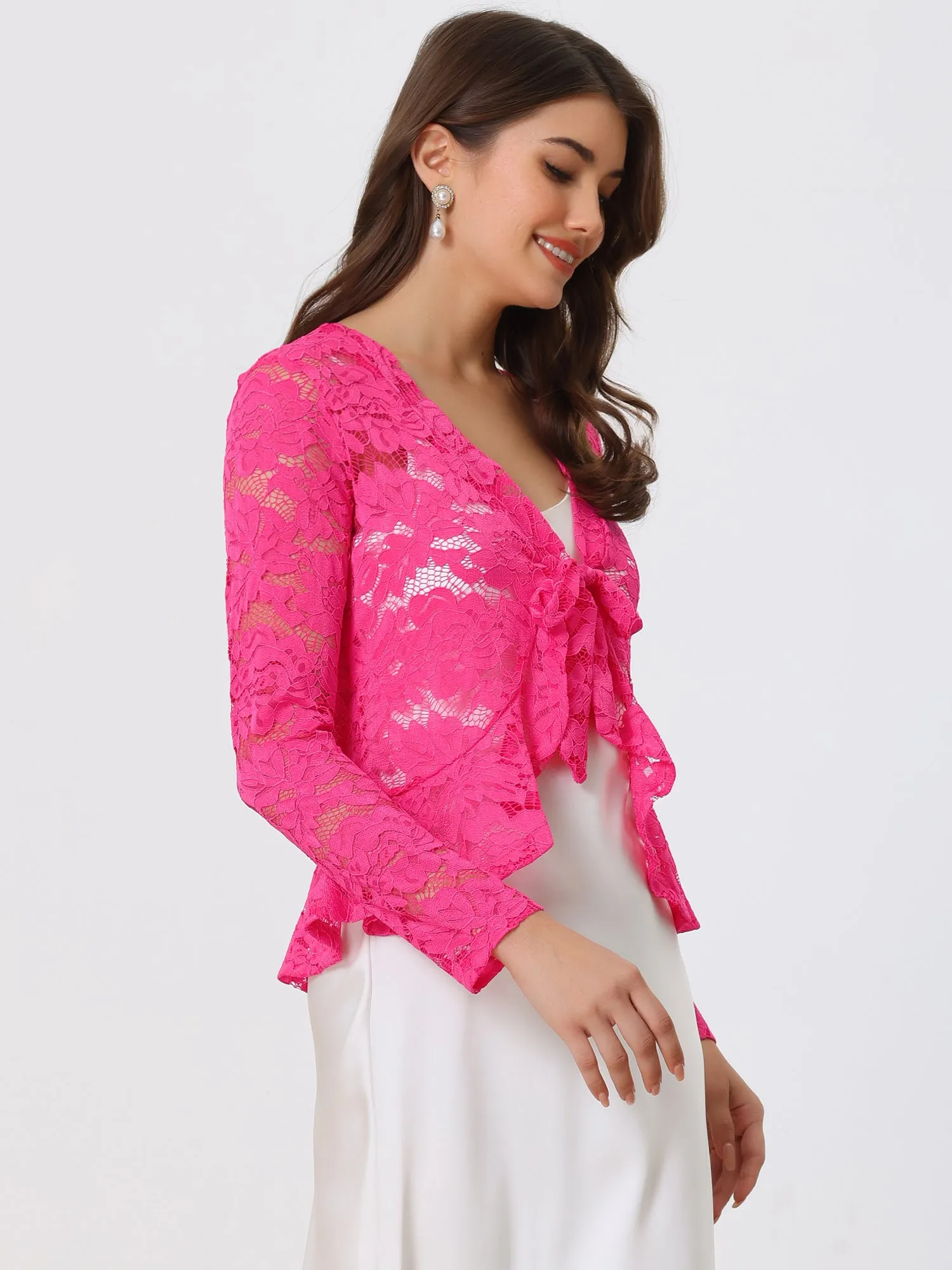 Floral Lace Tie Front Ruffled Hem Sheer Crop Bolero Shrug