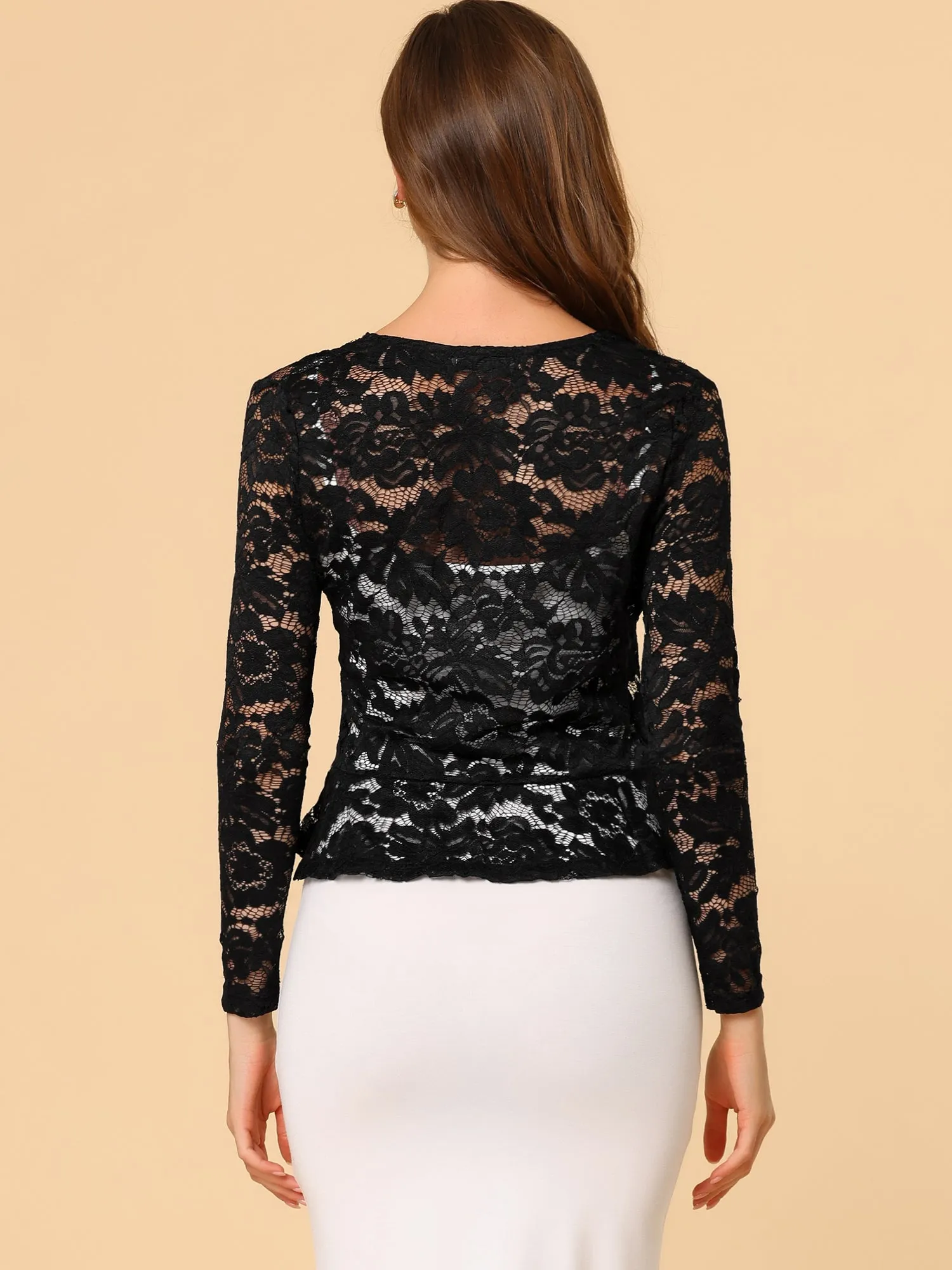 Floral Lace Tie Front Ruffled Hem Sheer Crop Bolero Shrug