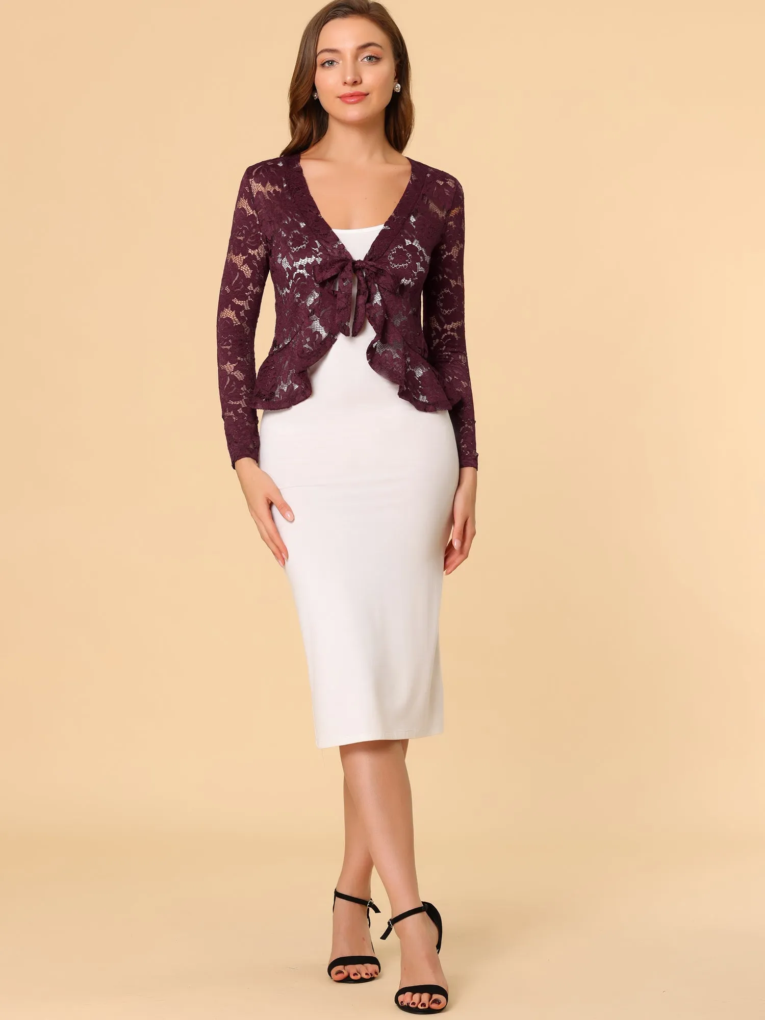 Floral Lace Tie Front Ruffled Hem Sheer Crop Bolero Shrug