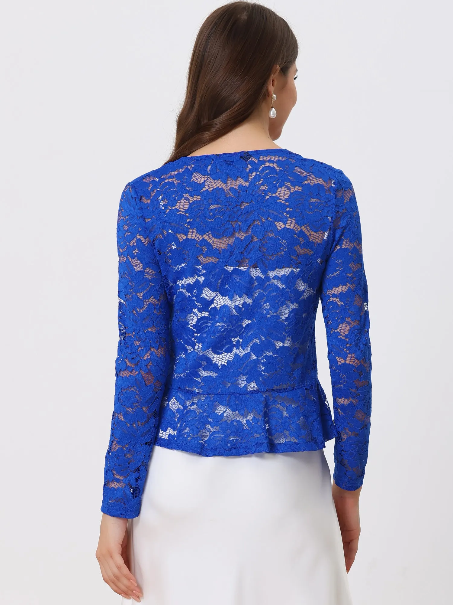 Floral Lace Tie Front Ruffled Hem Sheer Crop Bolero Shrug