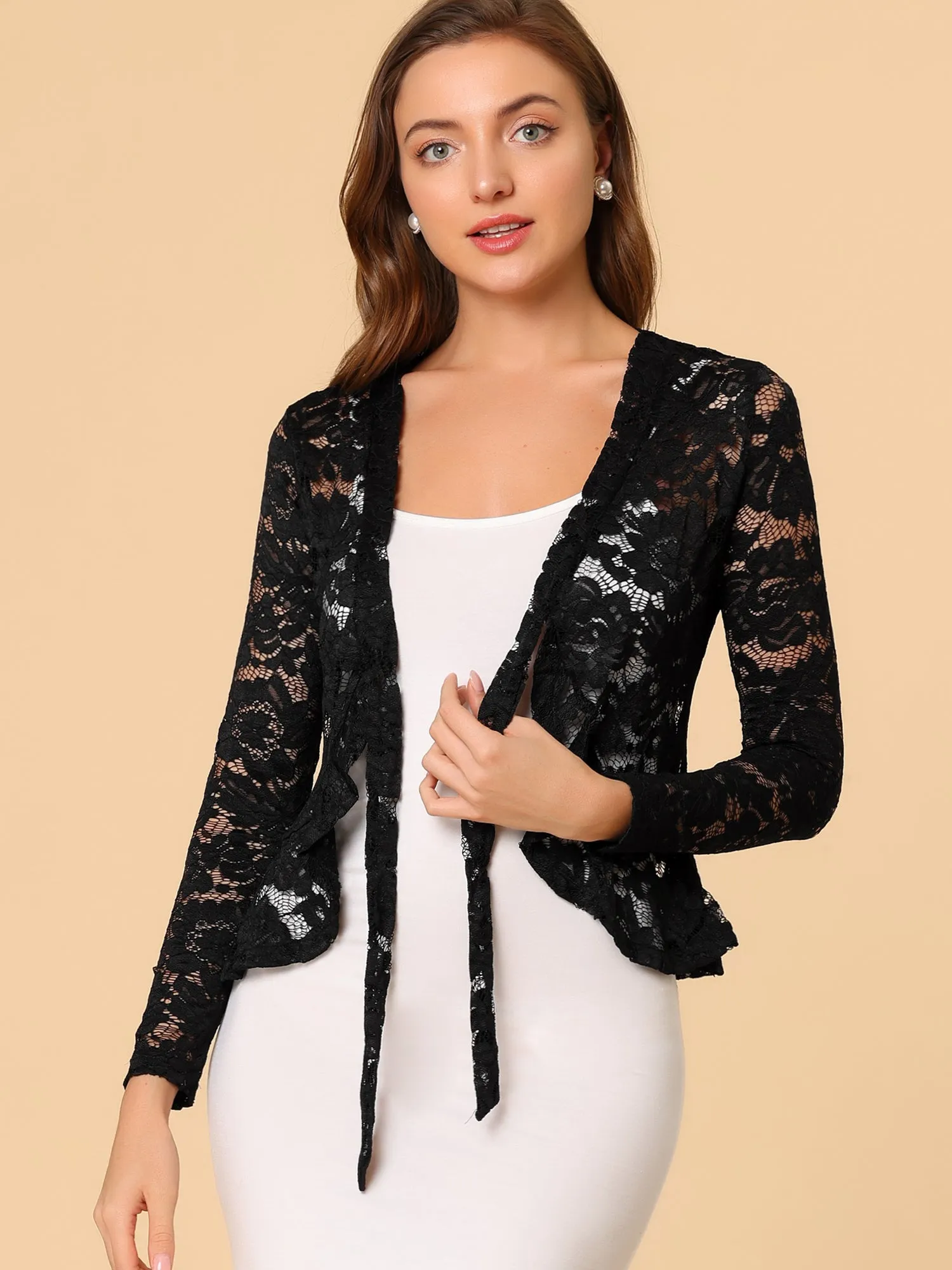 Floral Lace Tie Front Ruffled Hem Sheer Crop Bolero Shrug