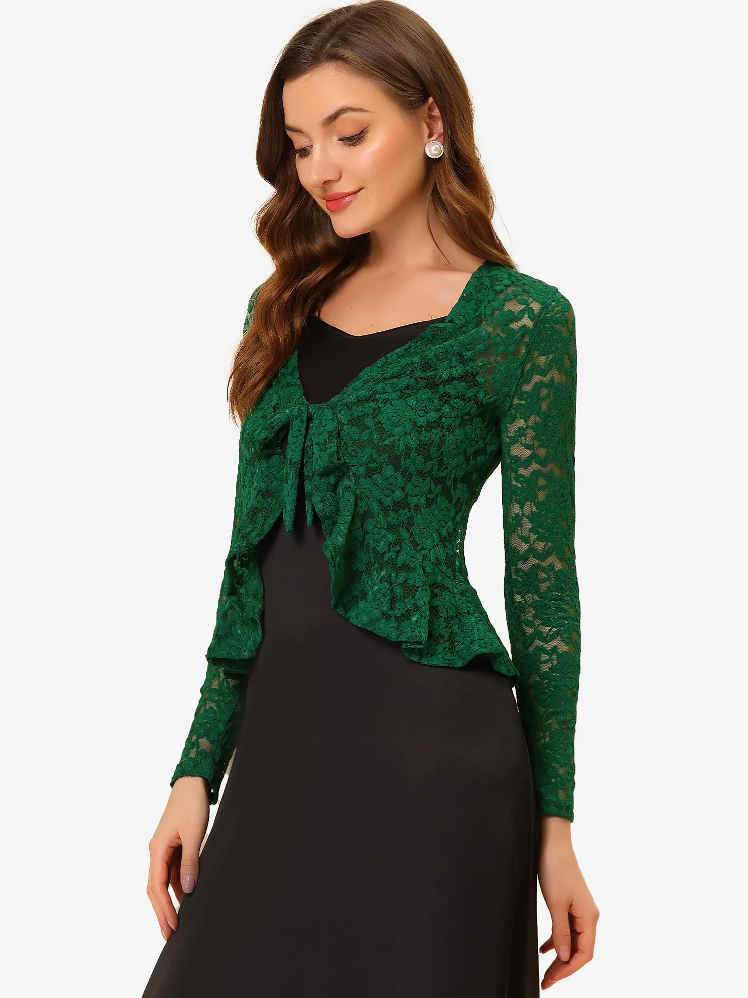 Floral Lace Tie Front Ruffled Hem Sheer Crop Bolero Shrug