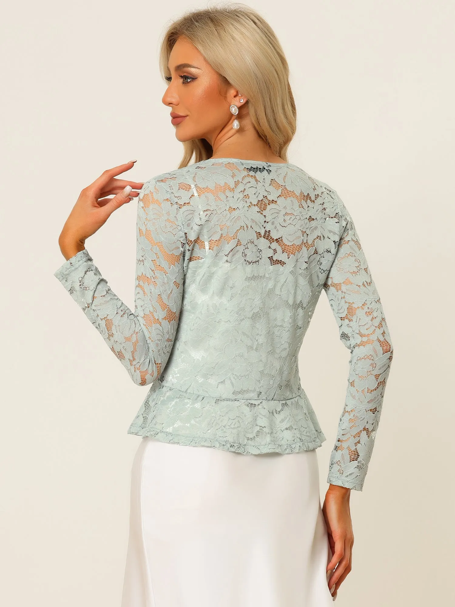 Floral Lace Tie Front Ruffled Hem Sheer Crop Bolero Shrug