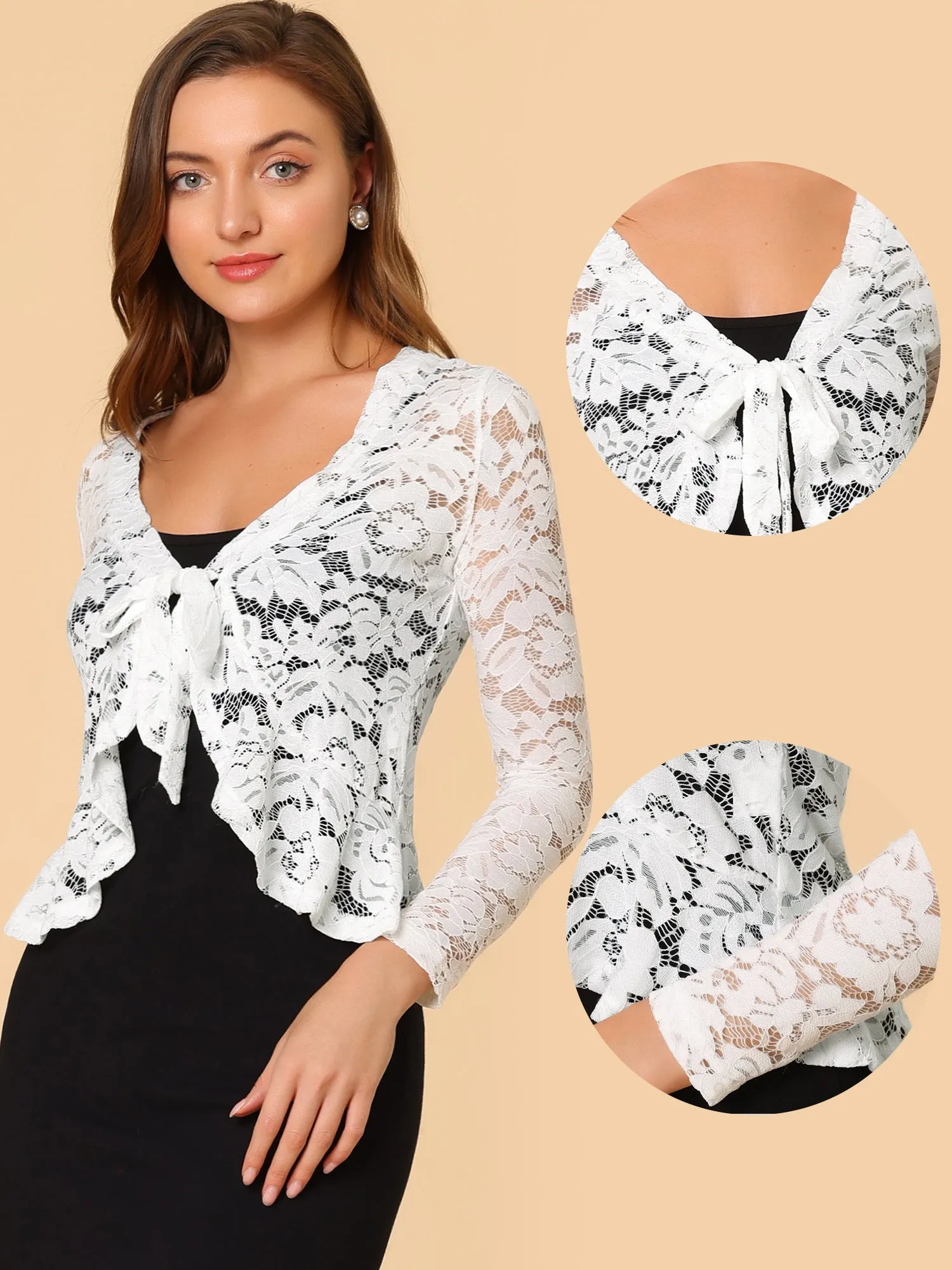 Floral Lace Tie Front Ruffled Hem Sheer Crop Bolero Shrug