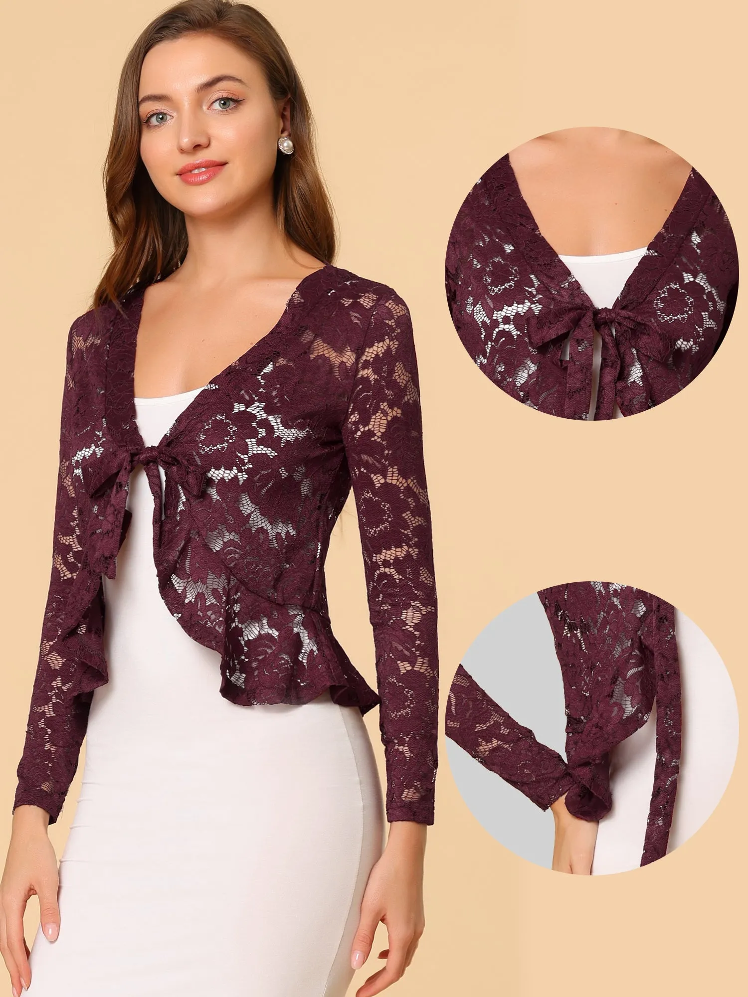Floral Lace Tie Front Ruffled Hem Sheer Crop Bolero Shrug