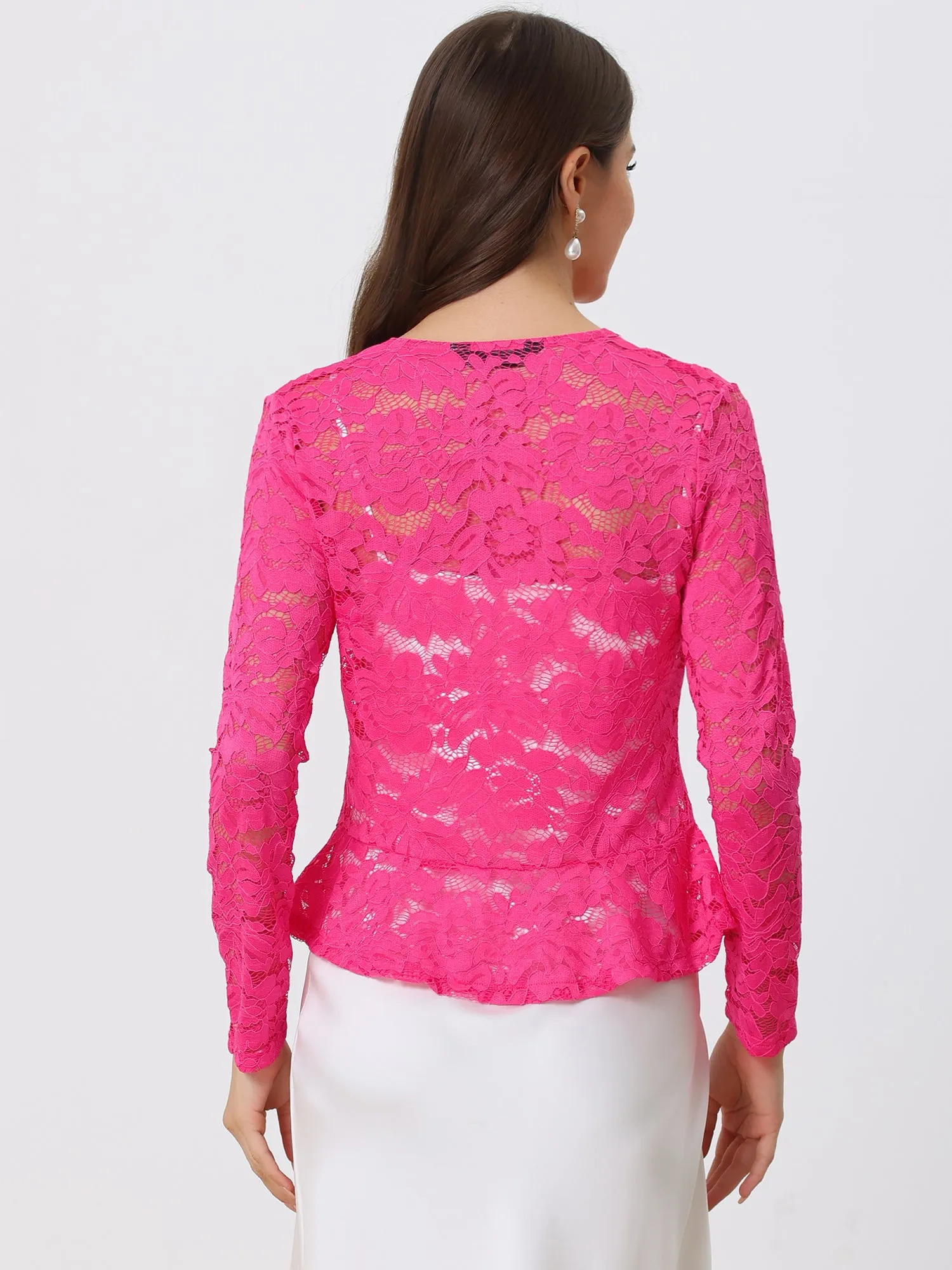 Floral Lace Tie Front Ruffled Hem Sheer Crop Bolero Shrug